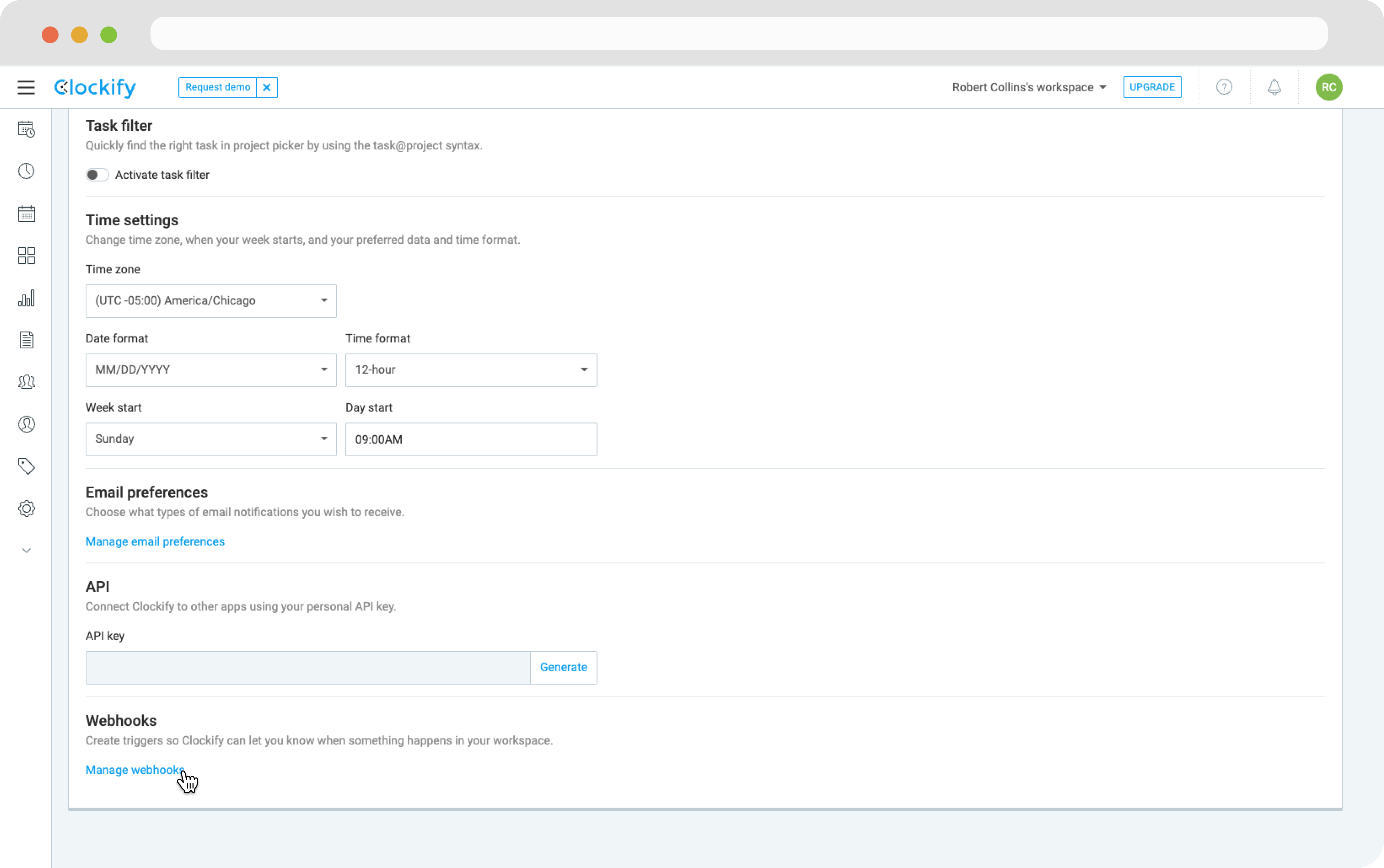 Clockify Setting Page - Manage Webhooks