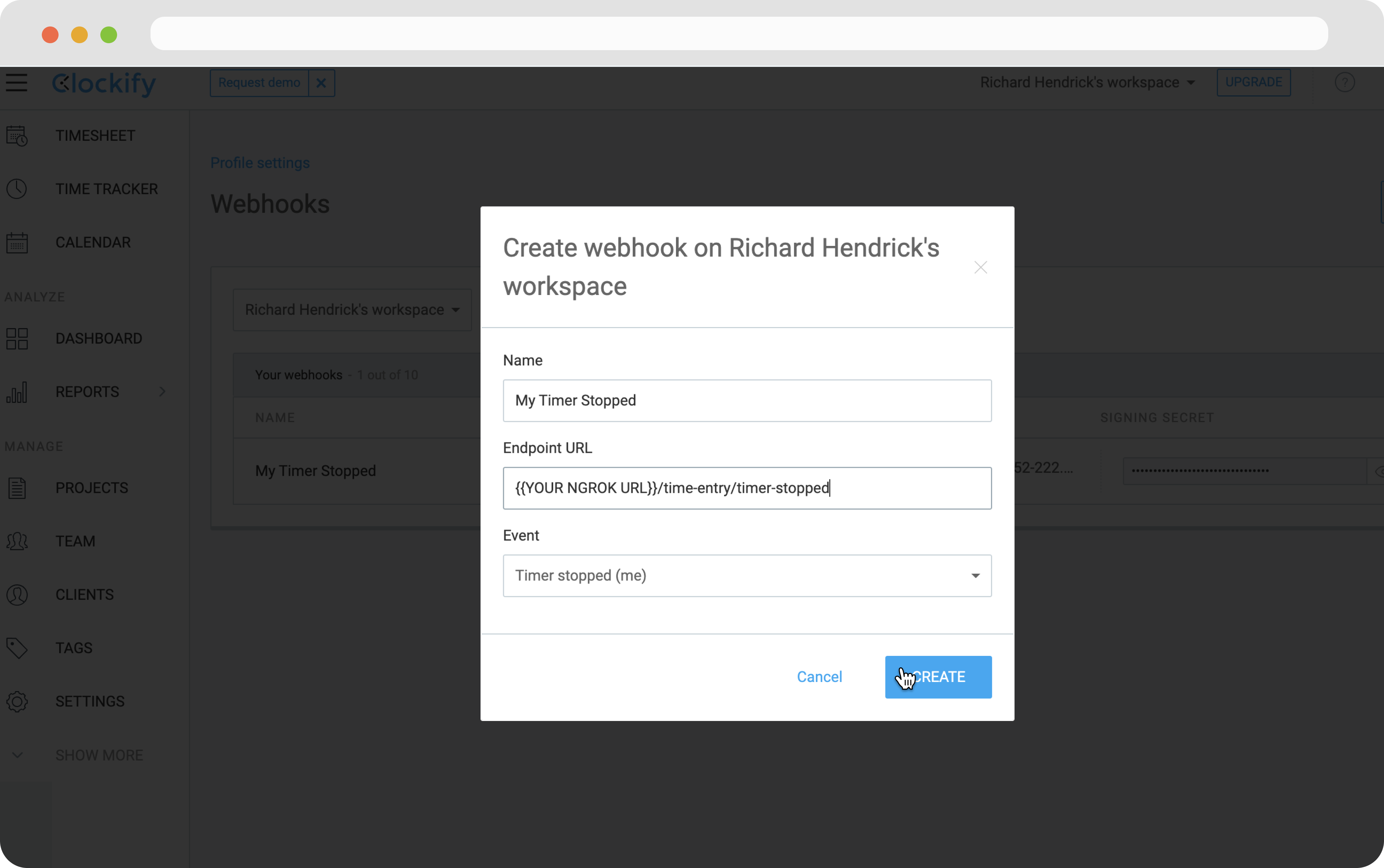 Create New Clockify Webhook