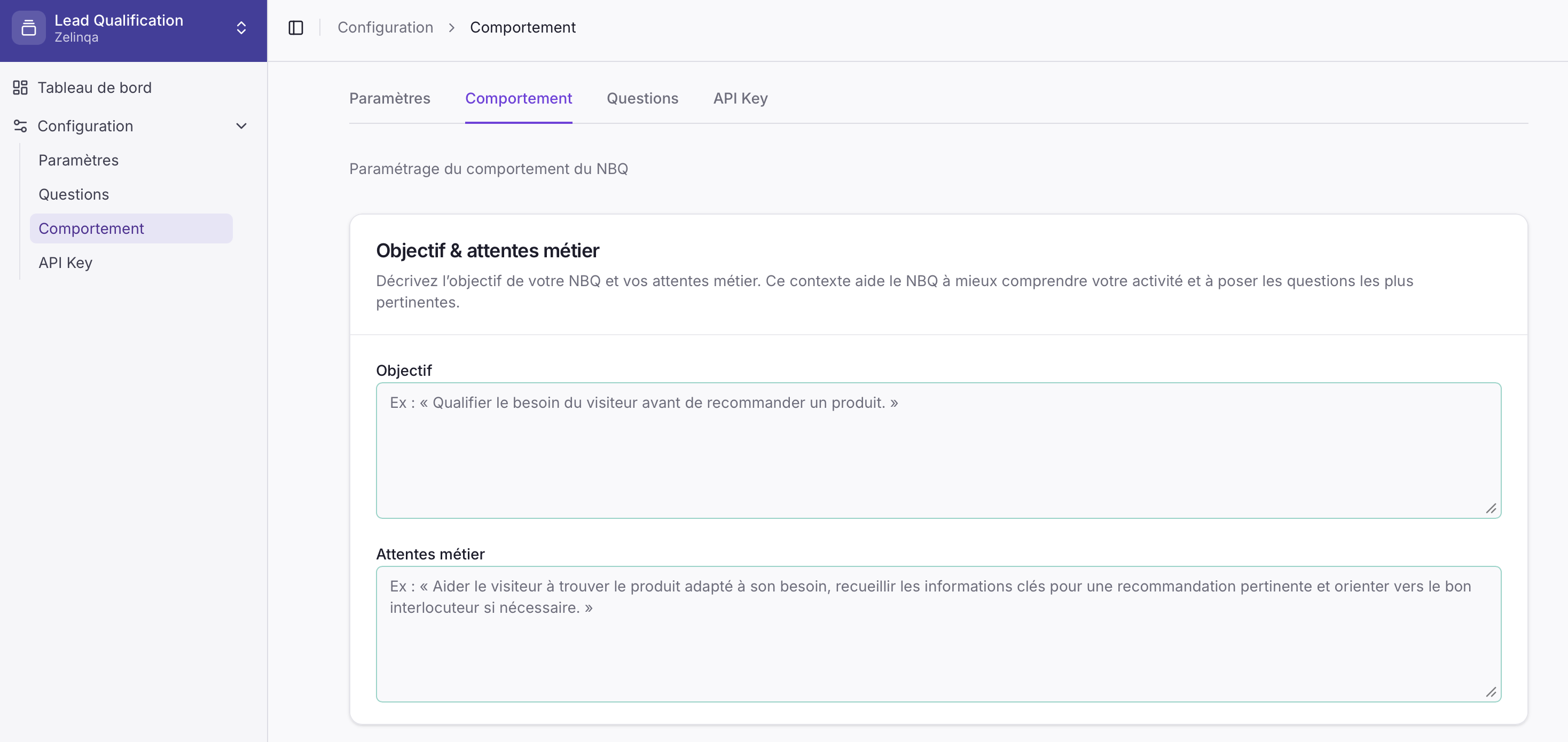 Onglet Comportement dans le Zelinqa NBQ Studio