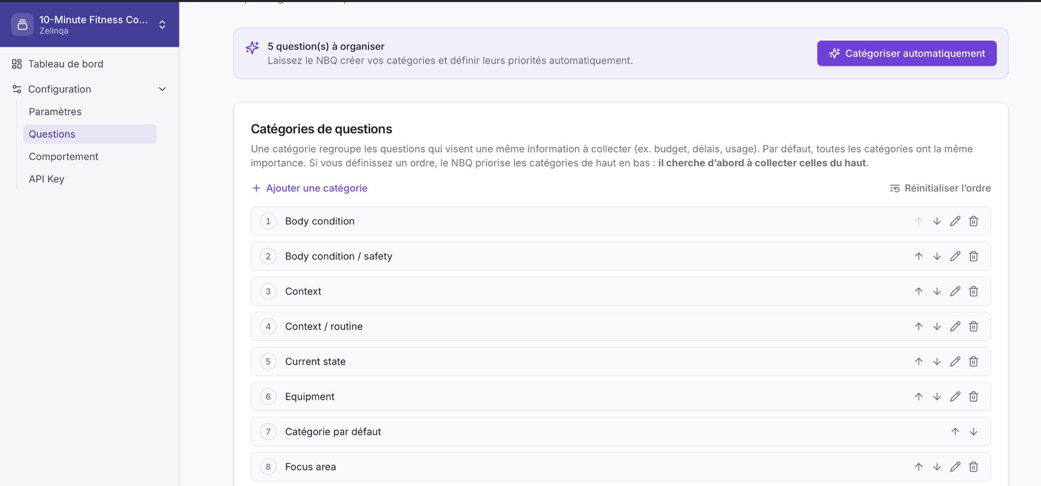 Catégories de questions avec ordre de priorité dans le Zelinqa NBQ Studio