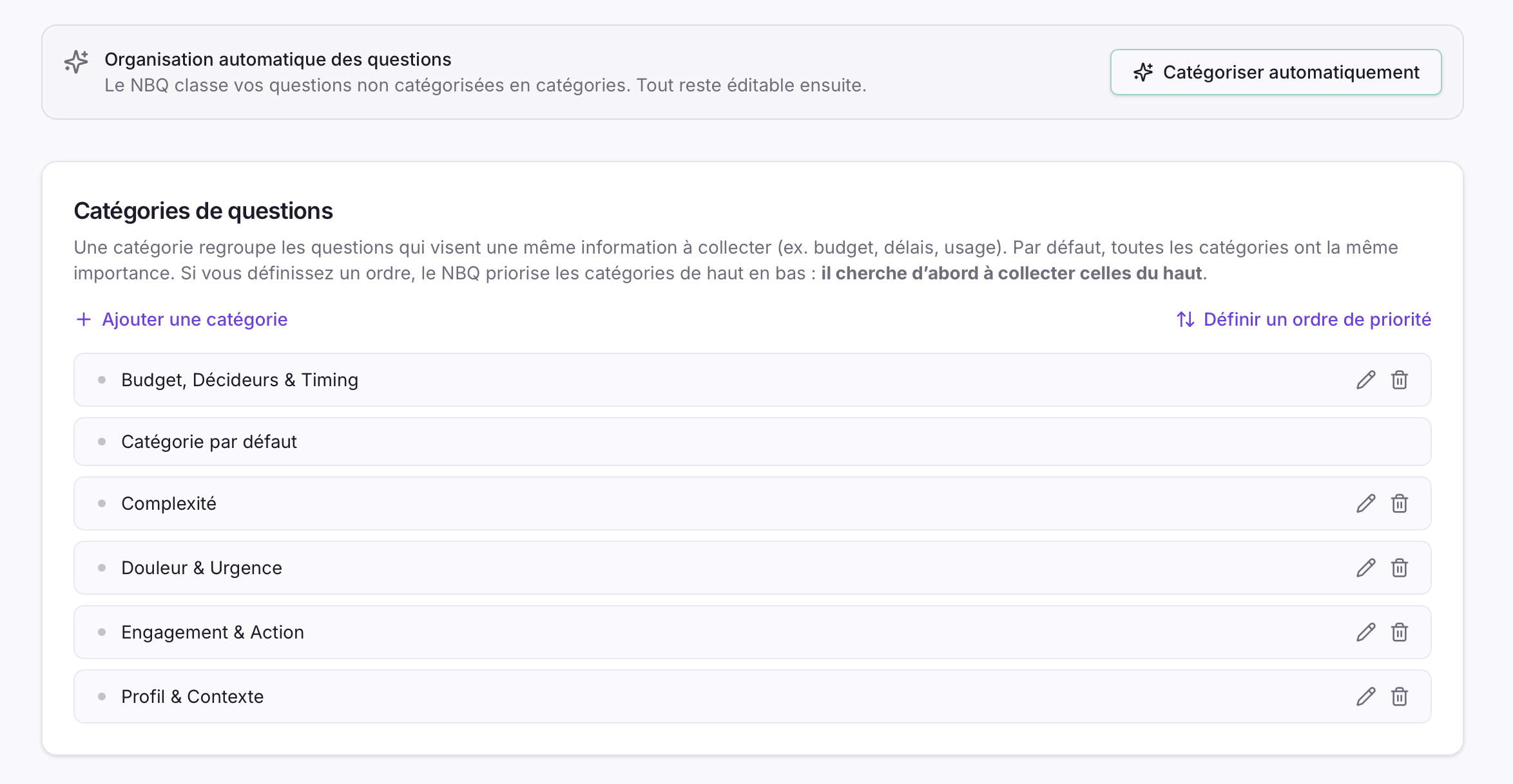 Liste des questions dans le Zelinqa NBQ Studio