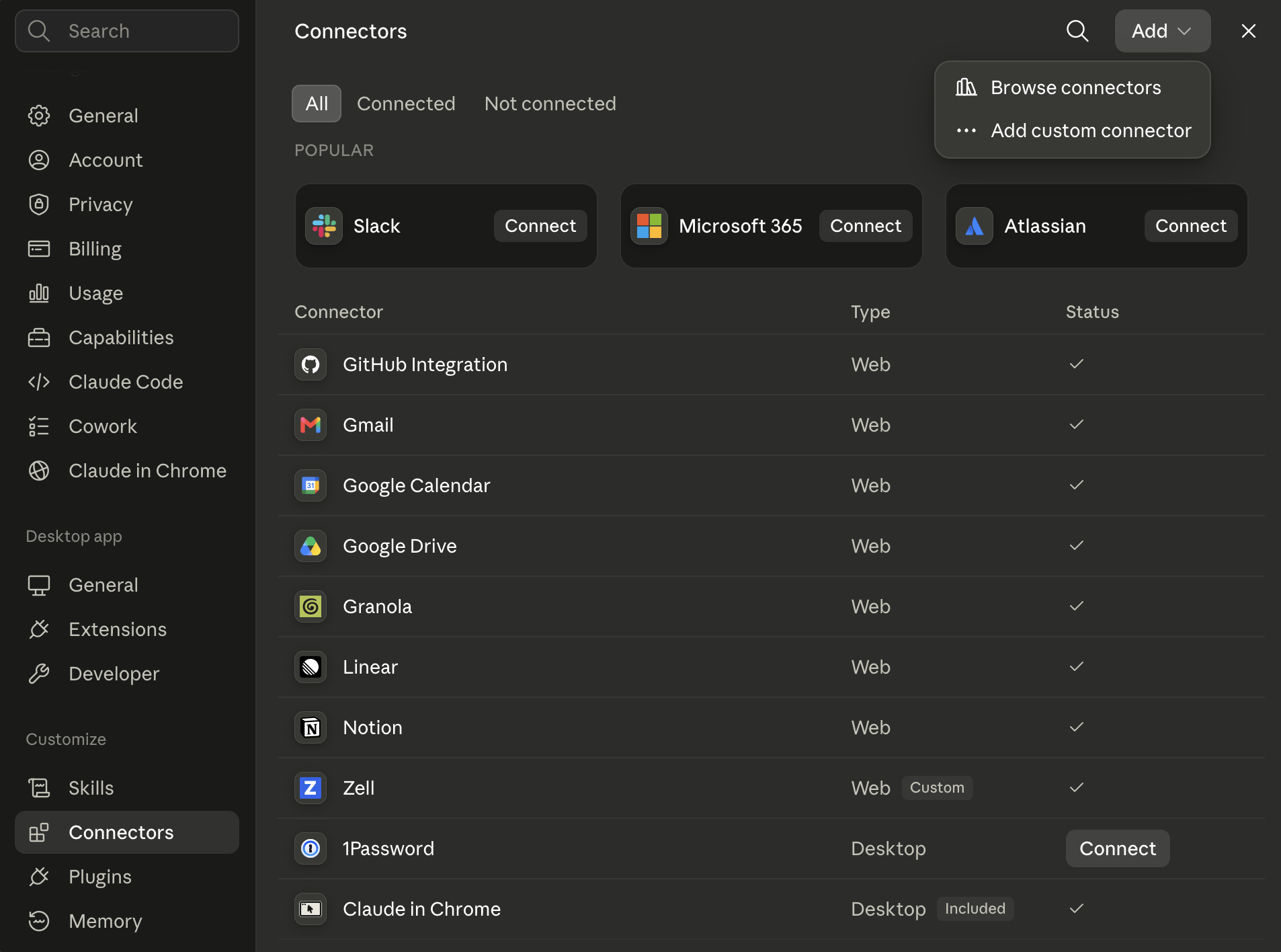 Claude desktop app Connectors settings with the Add custom connector menu open and Zell shown as connected