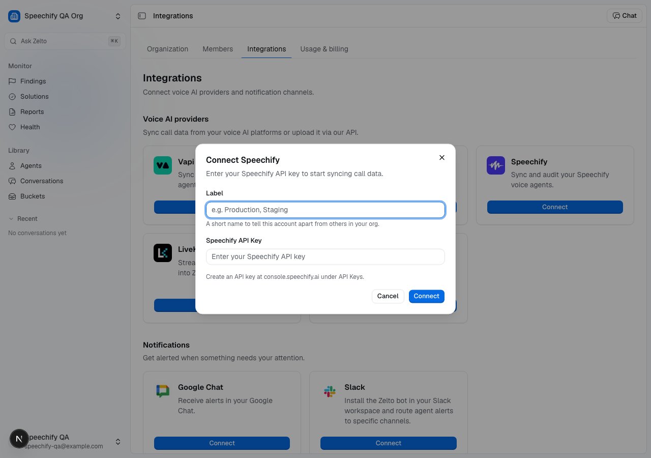 The Connect Speechify dialog, with fields for a label and the Speechify API key.