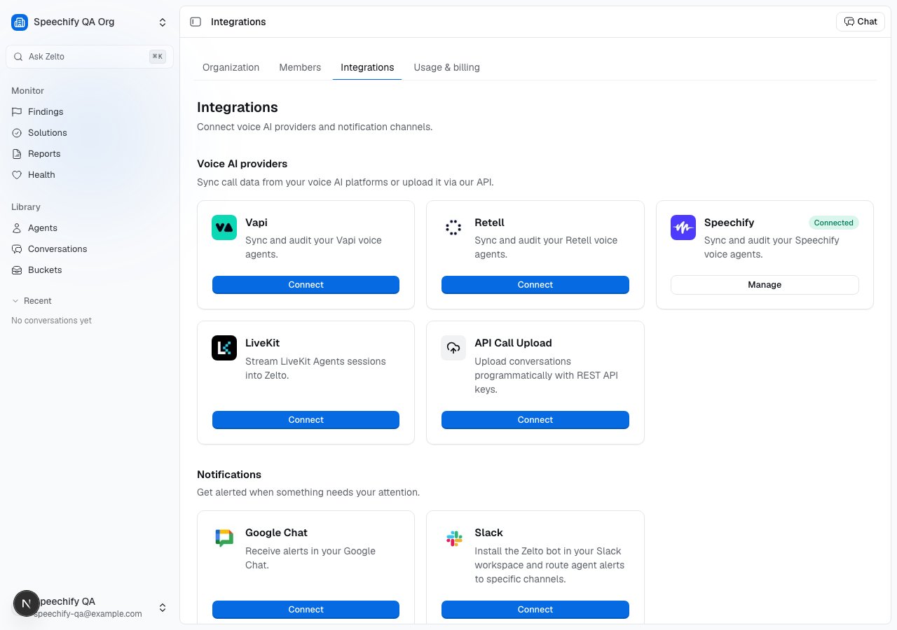 The integrations page with the Speechify card showing a Connected badge and a Manage button.