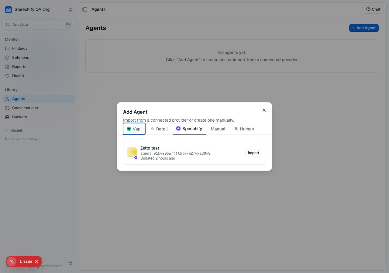 The Add Agent dialog on the Speechify tab, listing a Speechify voice agent ready to import.