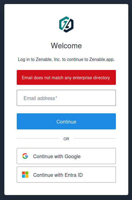 Login page showing the enterprise directory error and the Continue with Entra ID button