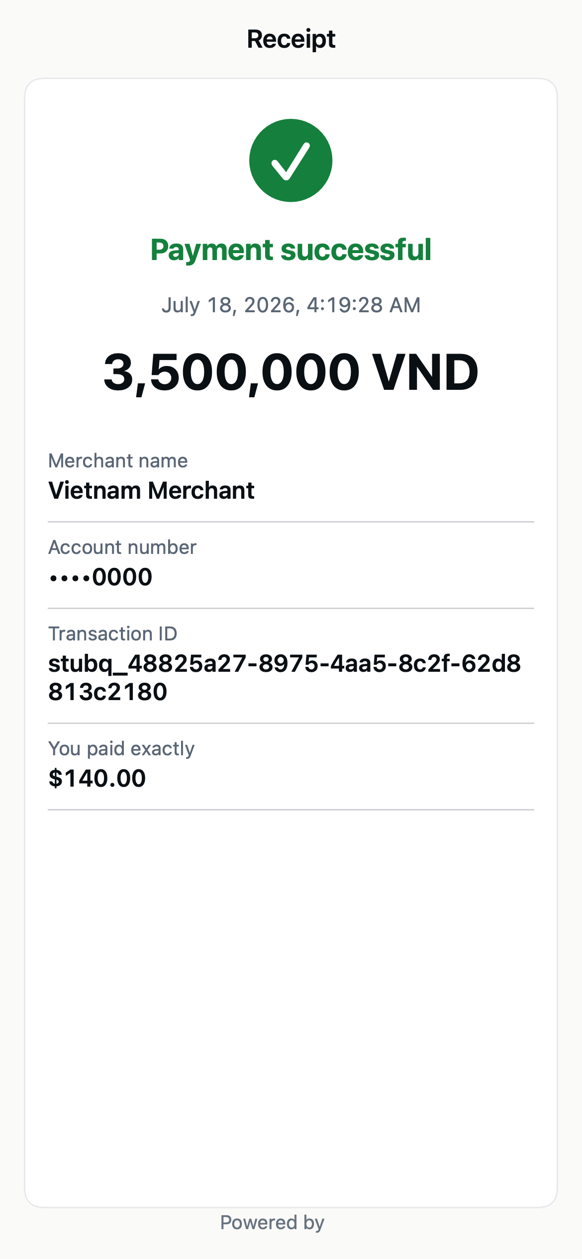 The Zennopay receipt screen: status, amount paid, USD debited, merchant, masked destination account, transaction ID, and timestamp.