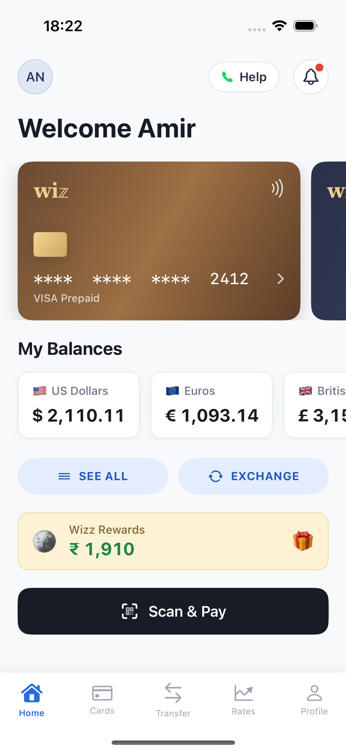 Partner wallet home screen with a Scan and Pay button.