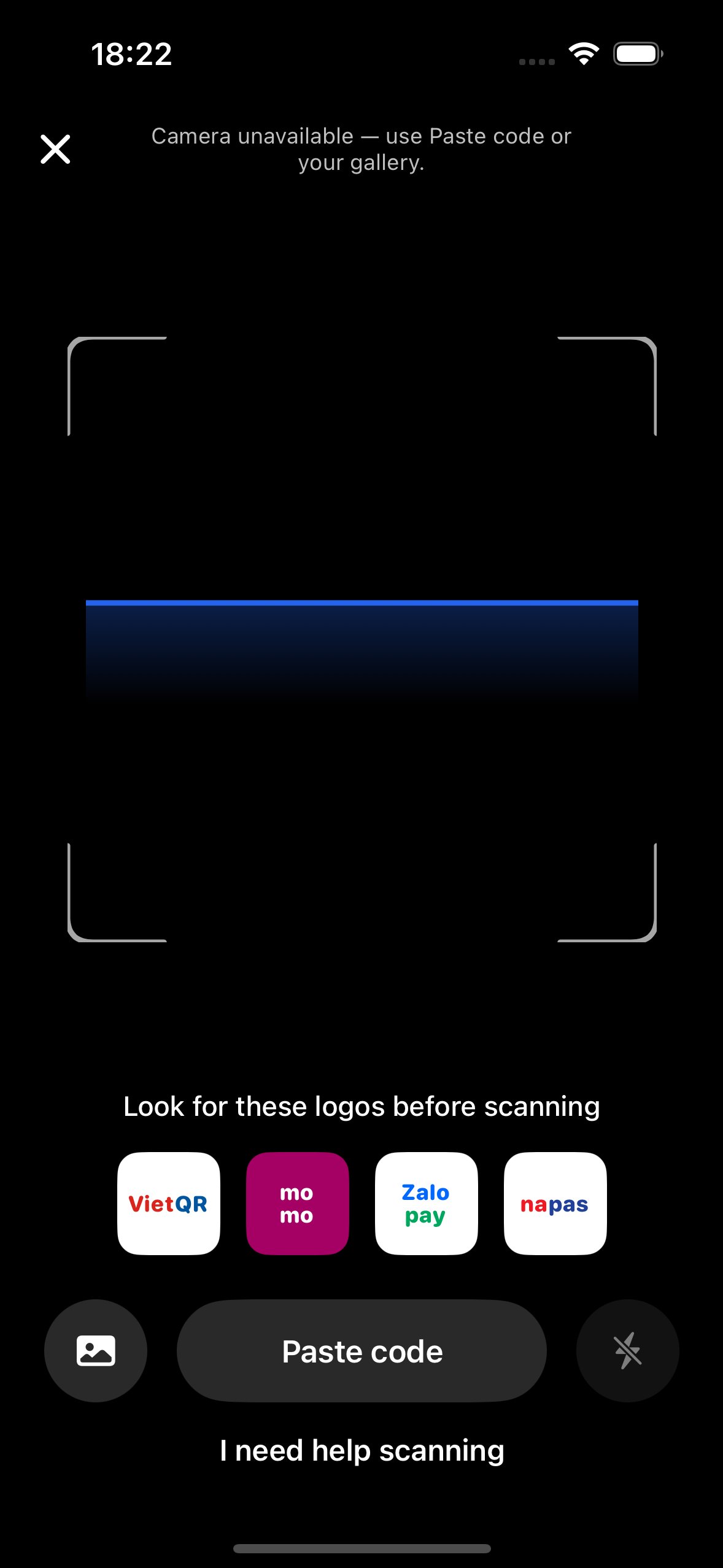 The PaymentSheet scanner screen with camera viewport and paste fallback.