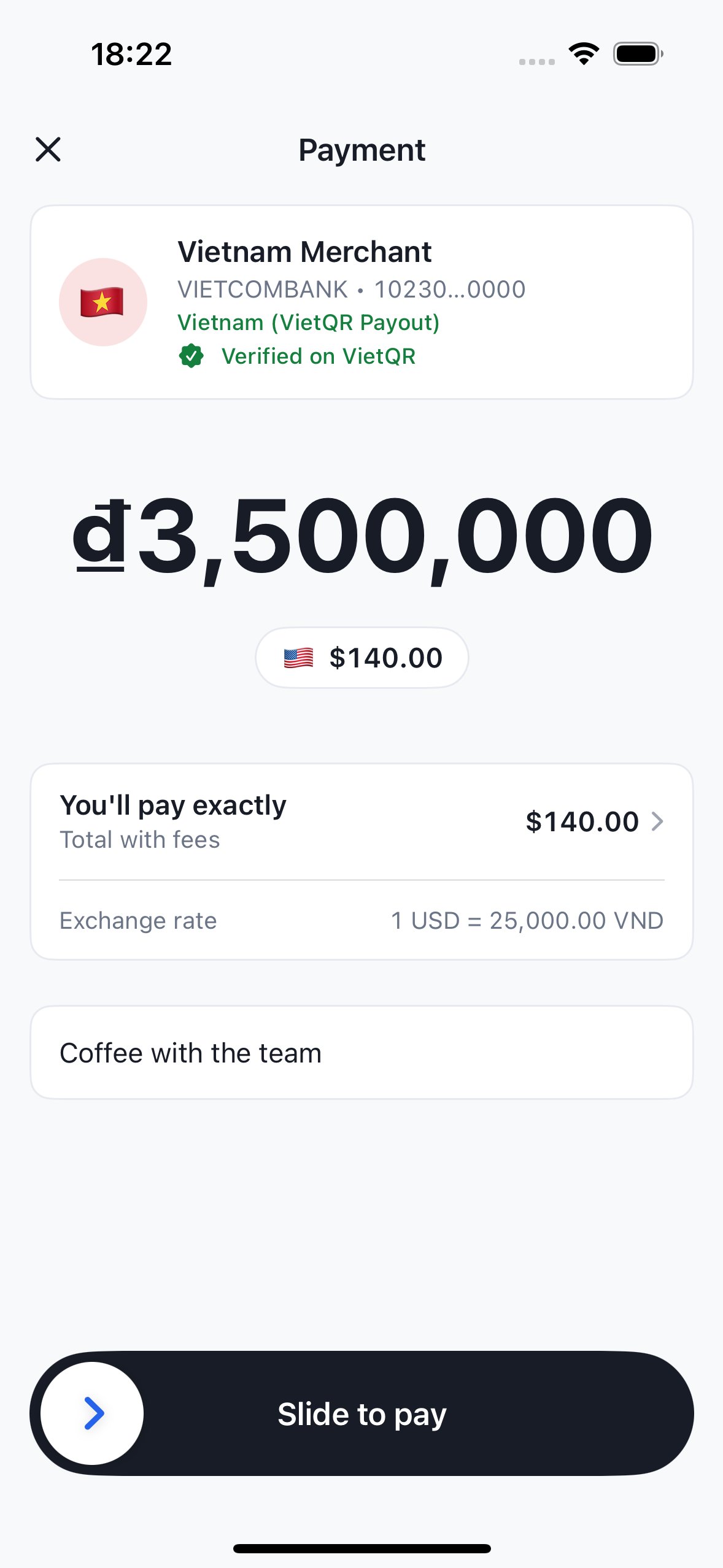 The amount screen showing 3,500,000 VND and the 140.00 USD wallet debit, with slide-to-pay.