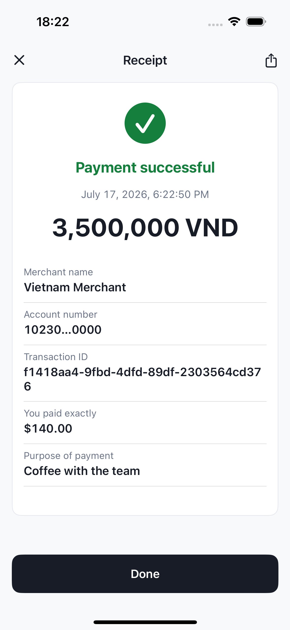 The receipt: Payment successful with amount, merchant, masked account, transaction ID, and purpose.