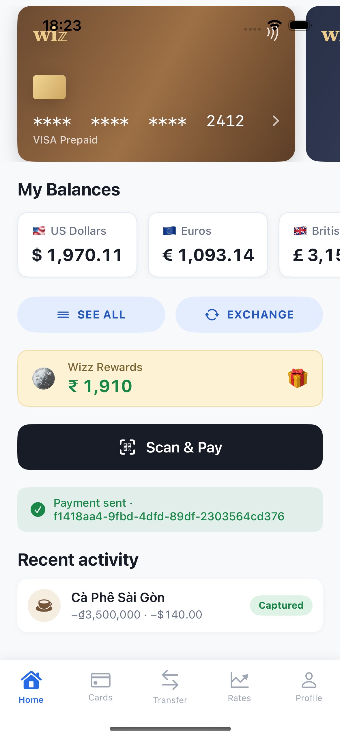 Partner wallet home after payment: balance debited and a new activity row.