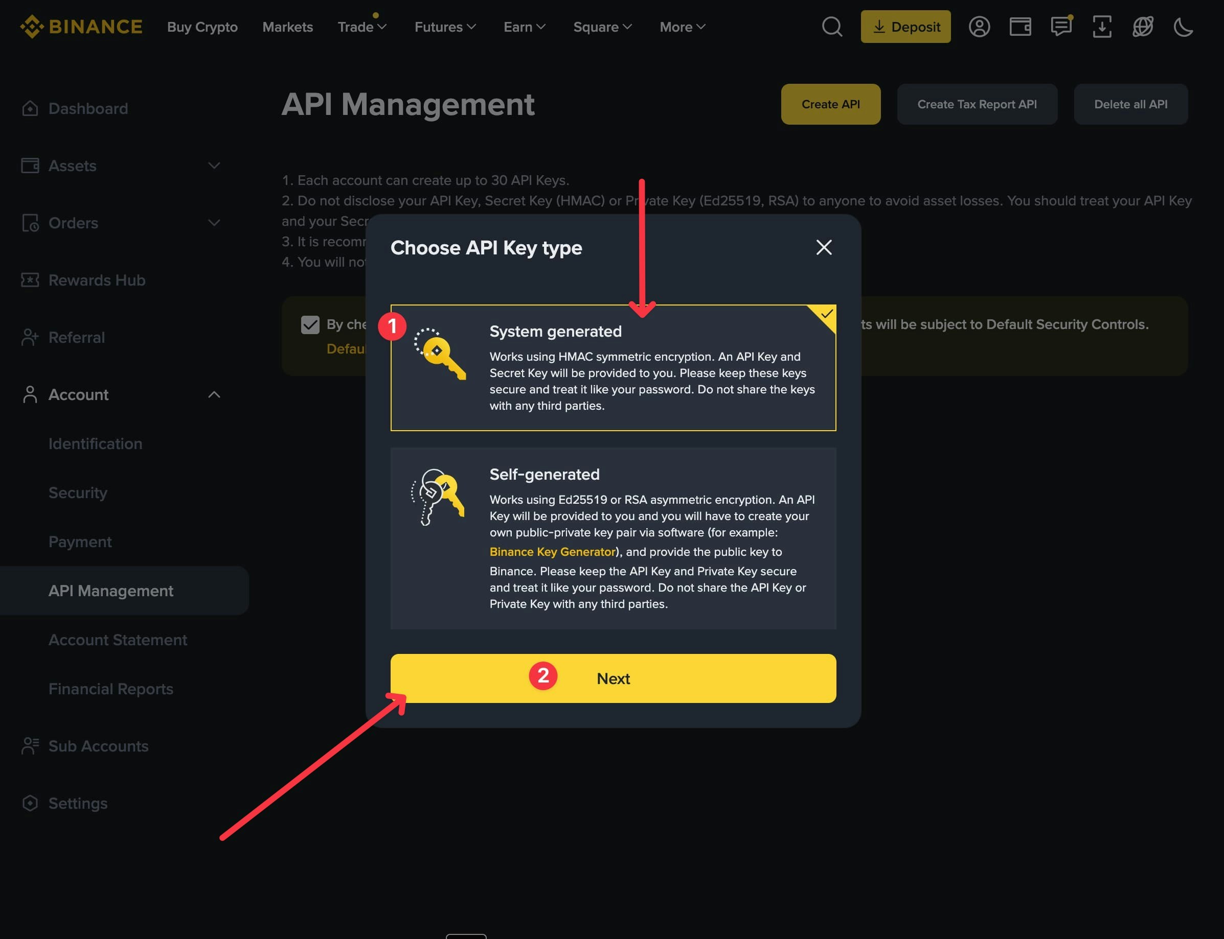 API key type selection
