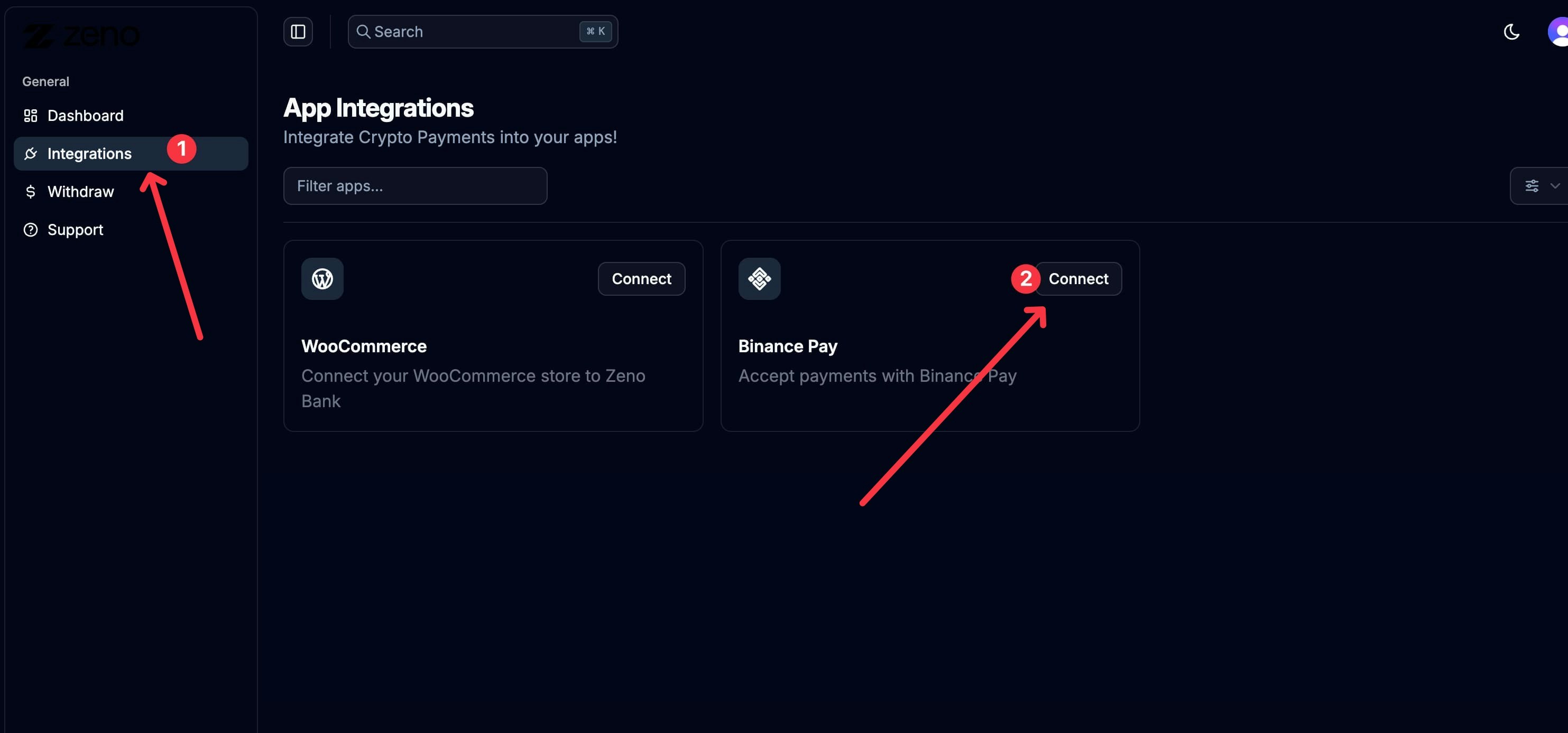 ZenoBank integrations dashboard