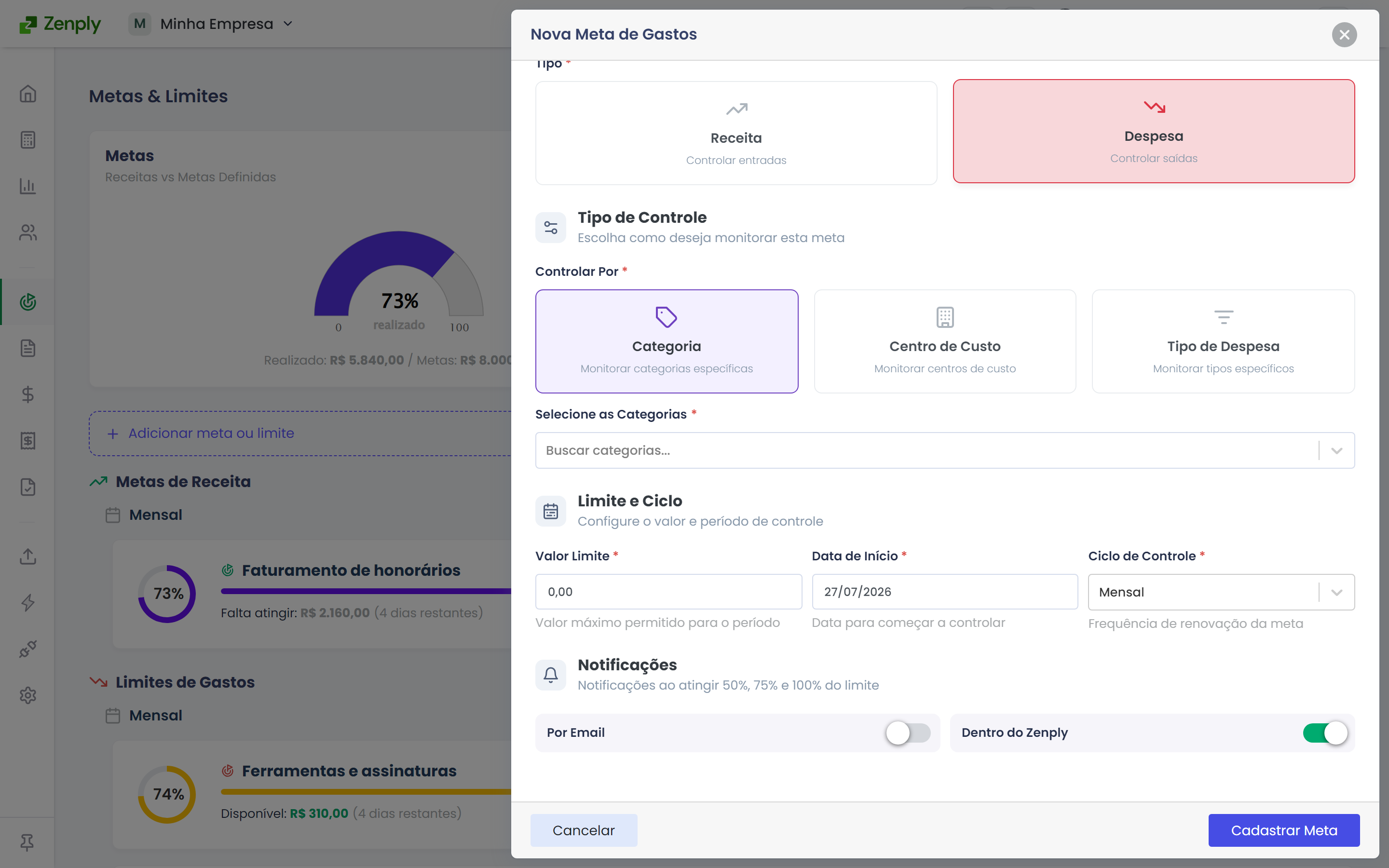 Etapa de notificações com os avisos por e-mail e no sistema