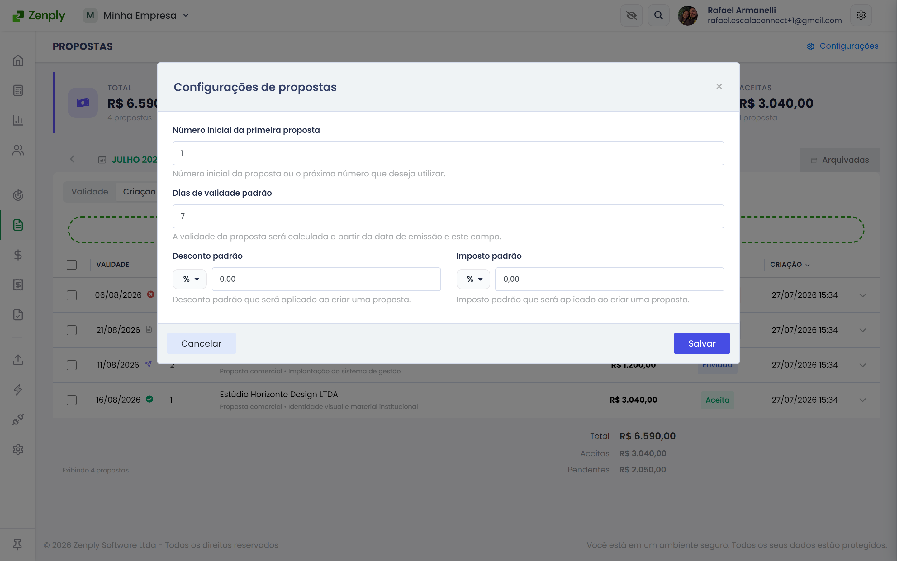 Configurações de propostas com validade e padrões