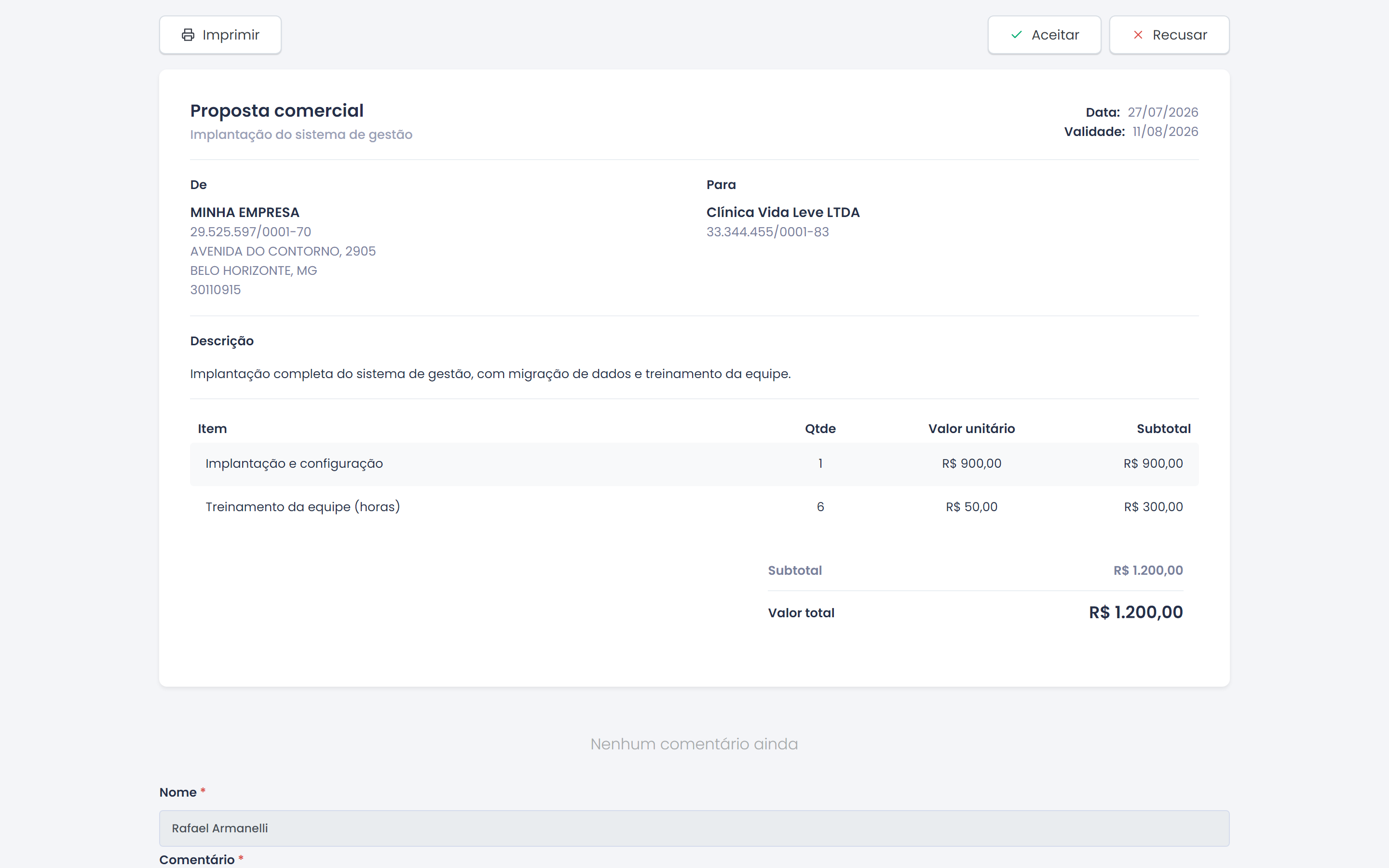 Página pública da proposta vista pelo cliente