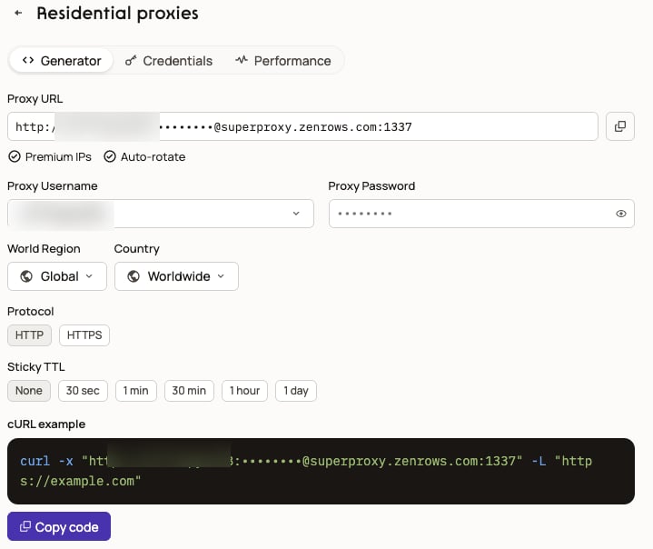 Zenrows Residential Proxies Generator Page