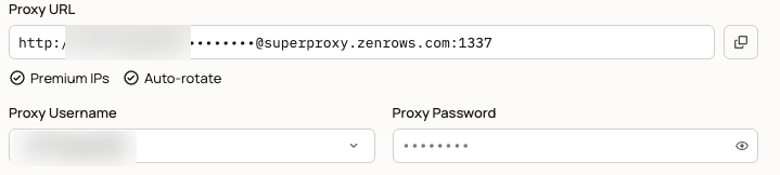 Zenrows Residential Proxies username, password, and proxy URL fields
