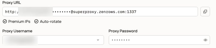 Zenrows Residential Proxies username, password, and proxy URL fields
