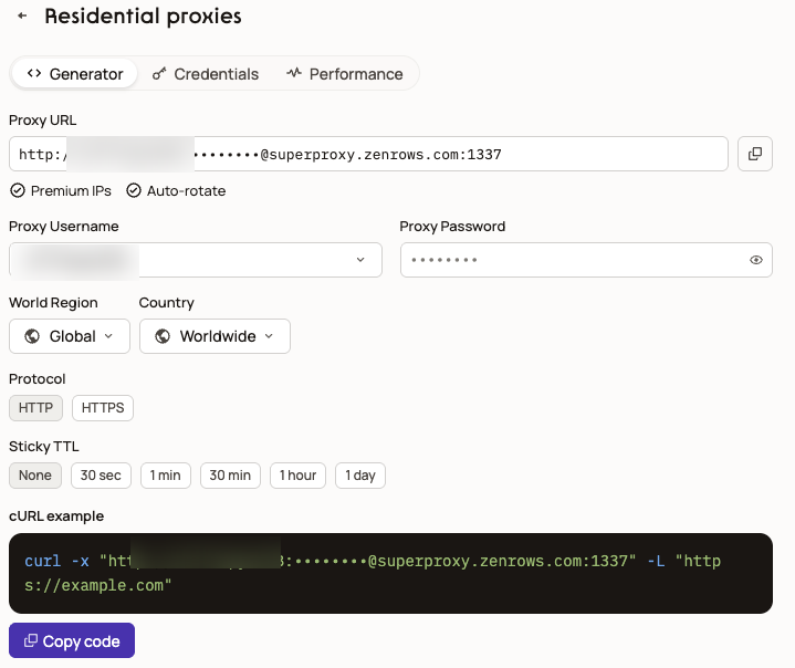 Zenrows Residential Proxies Dashboard