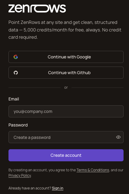Zenrows sign up page
