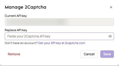Zenrows Manage 2Captcha modal to enter the API key