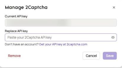 Zenrows Manage 2Captcha modal to enter the API key