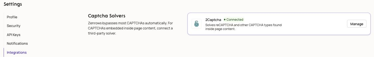 Zenrows Integrations page with the 2Captcha integration
