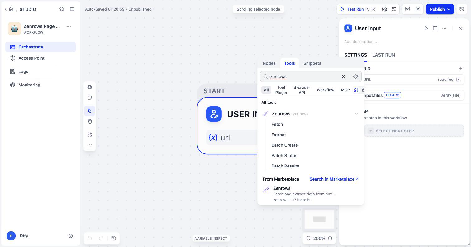 The Dify node picker on the Tools tab, filtered to Zenrows, listing Fetch, Extract, Batch Create, Batch Status, and Batch Results