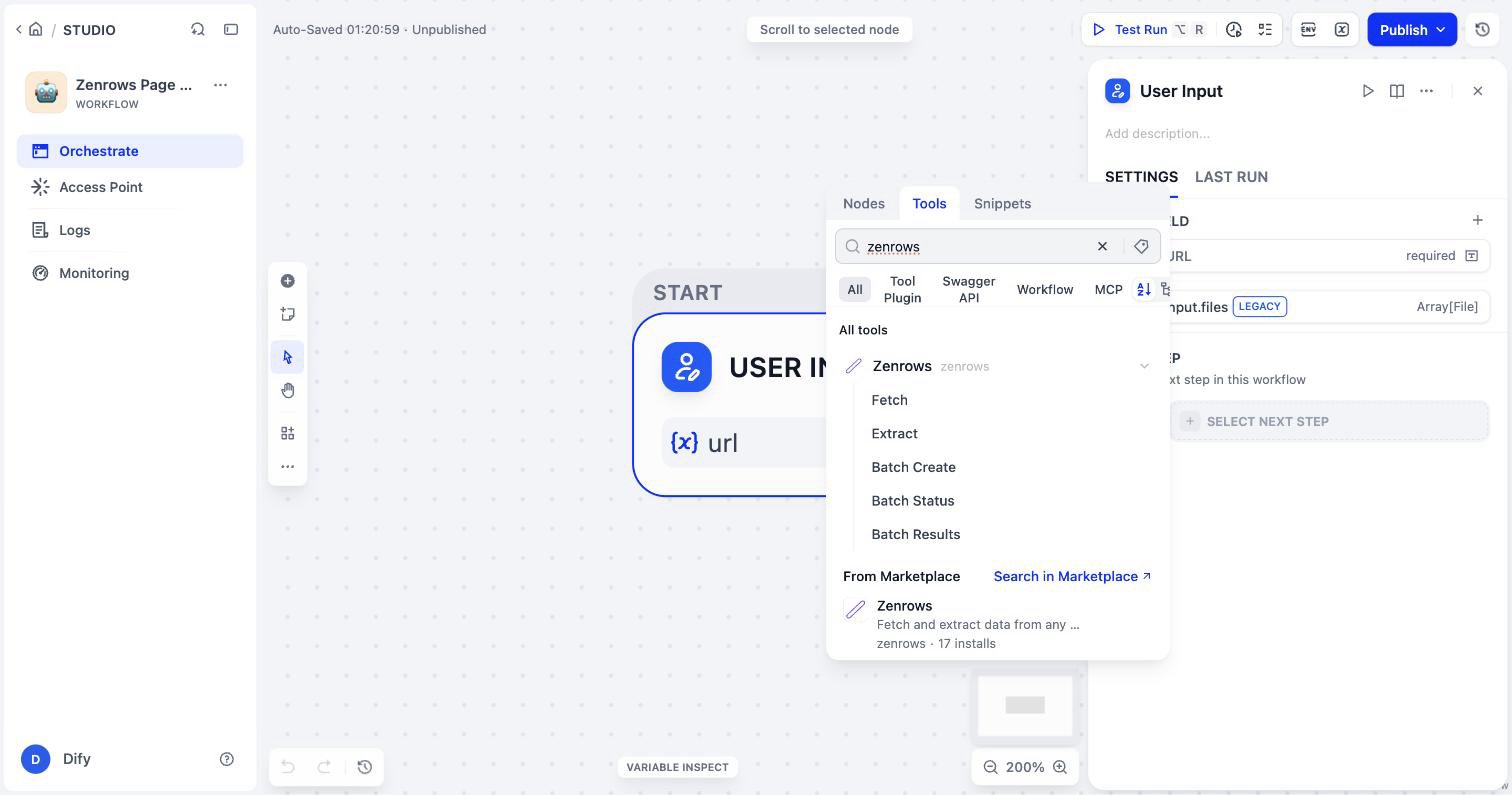 The Dify node picker on the Tools tab, filtered to Zenrows, listing Fetch, Extract, Batch Create, Batch Status, and Batch Results