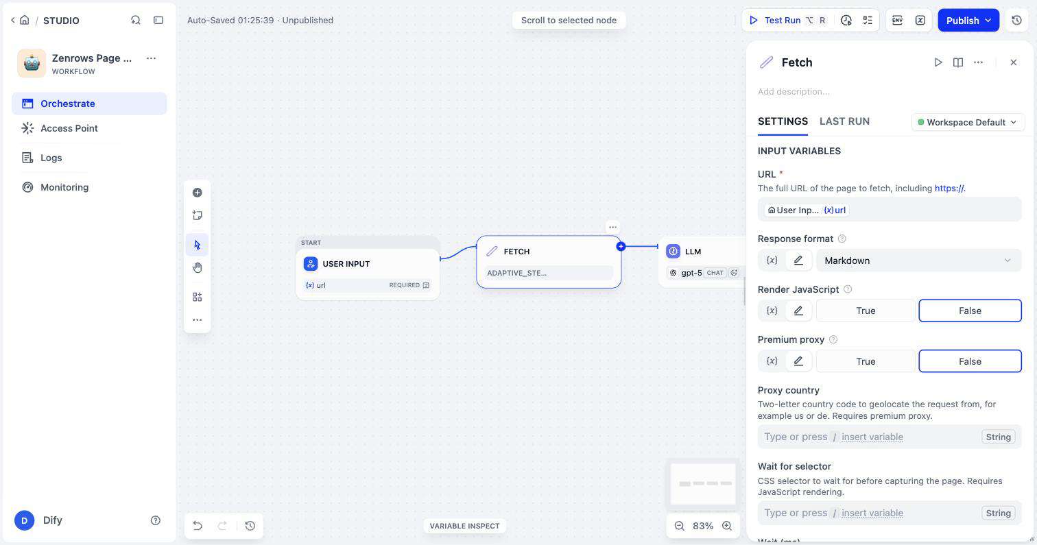 The Fetch node settings in Dify, with URL set to the User Input url variable and Response format set to Markdown