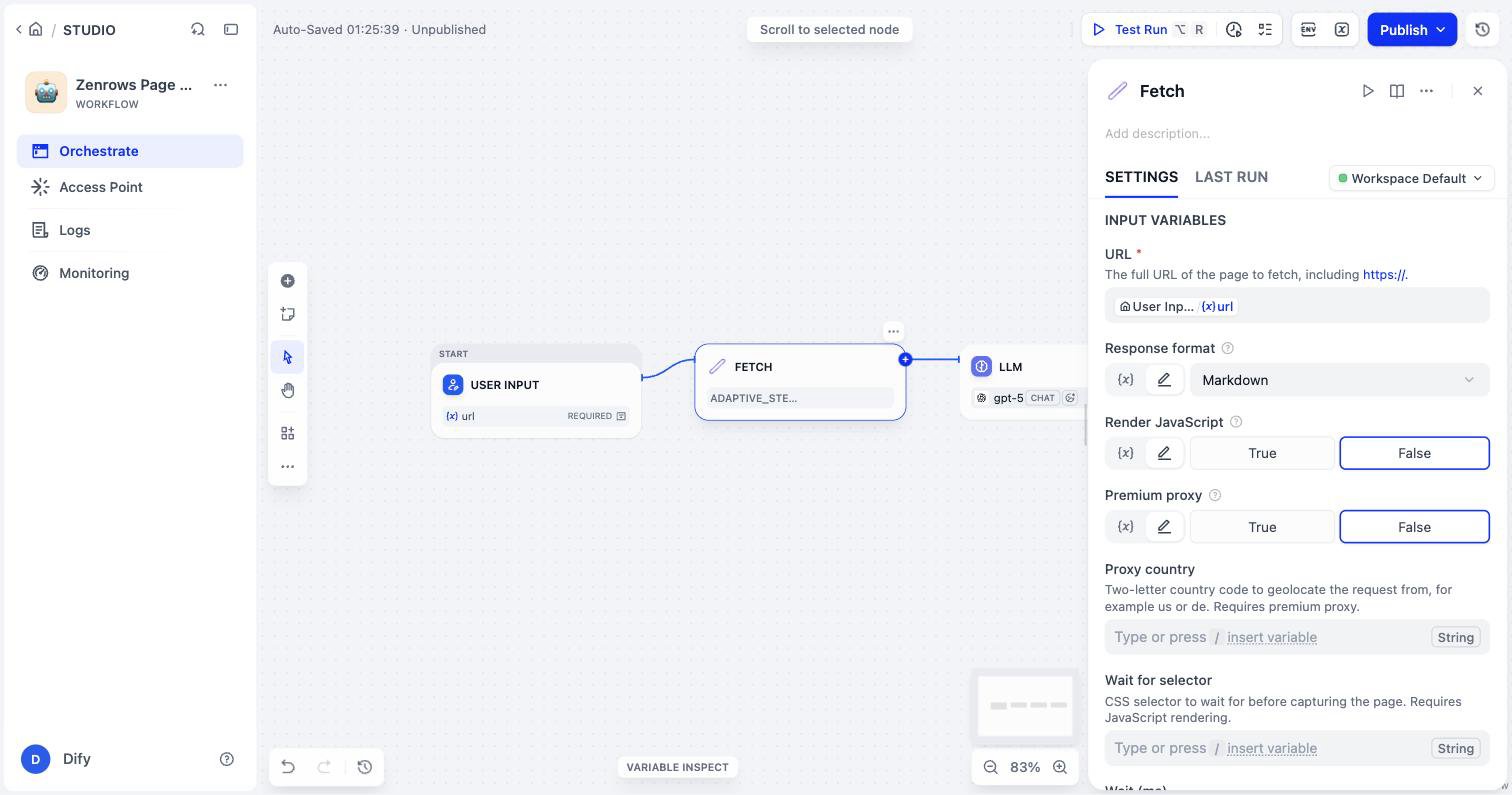 The Fetch node settings in Dify, with URL set to the User Input url variable and Response format set to Markdown