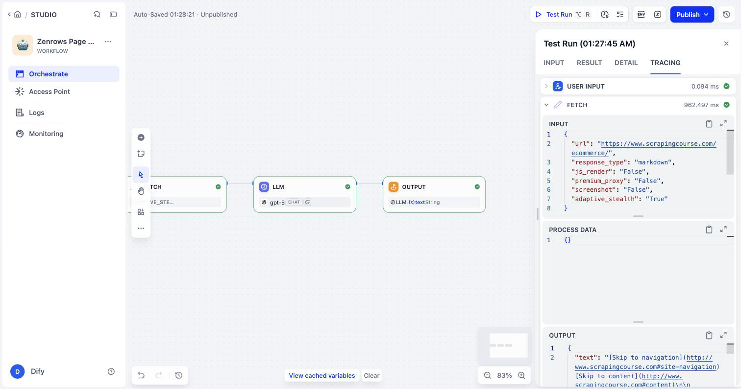The Tracing tab in Dify with the Fetch node expanded, showing its input parameters and the Markdown text output