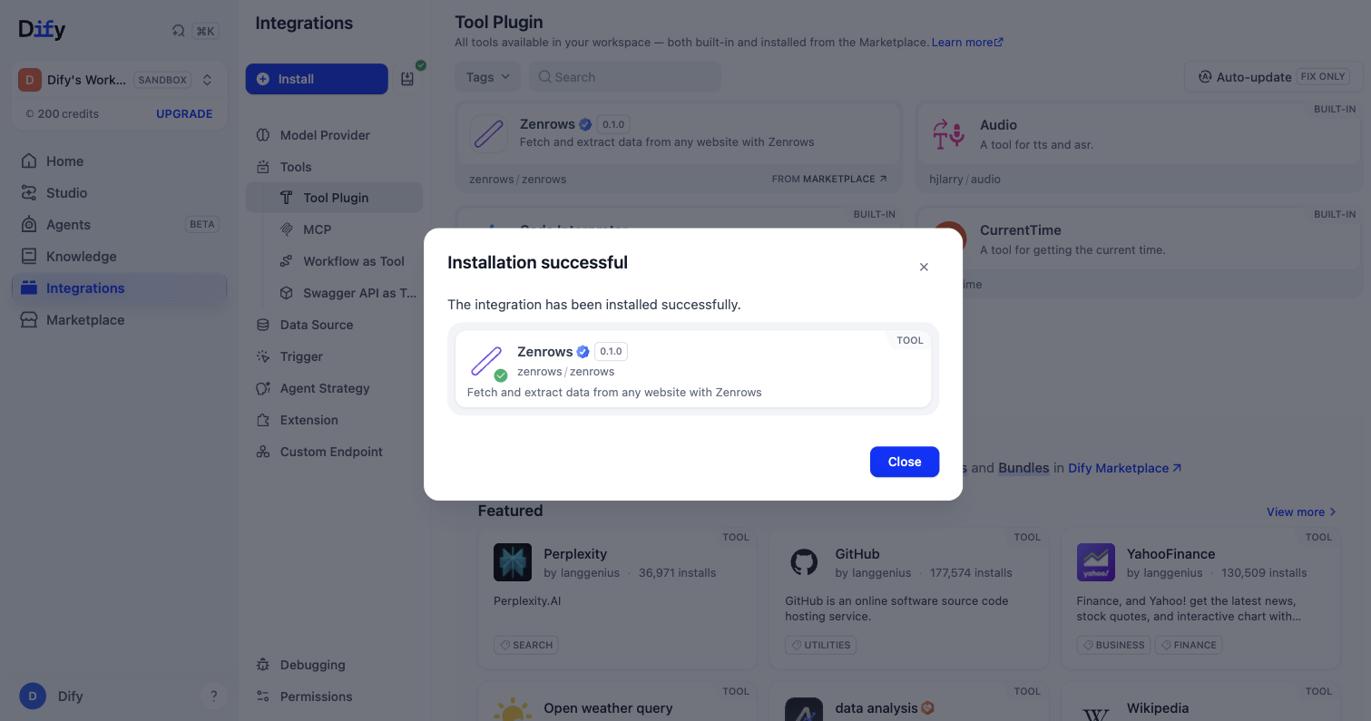Dify's Installation successful dialog for the Zenrows plugin, version 0.1.0