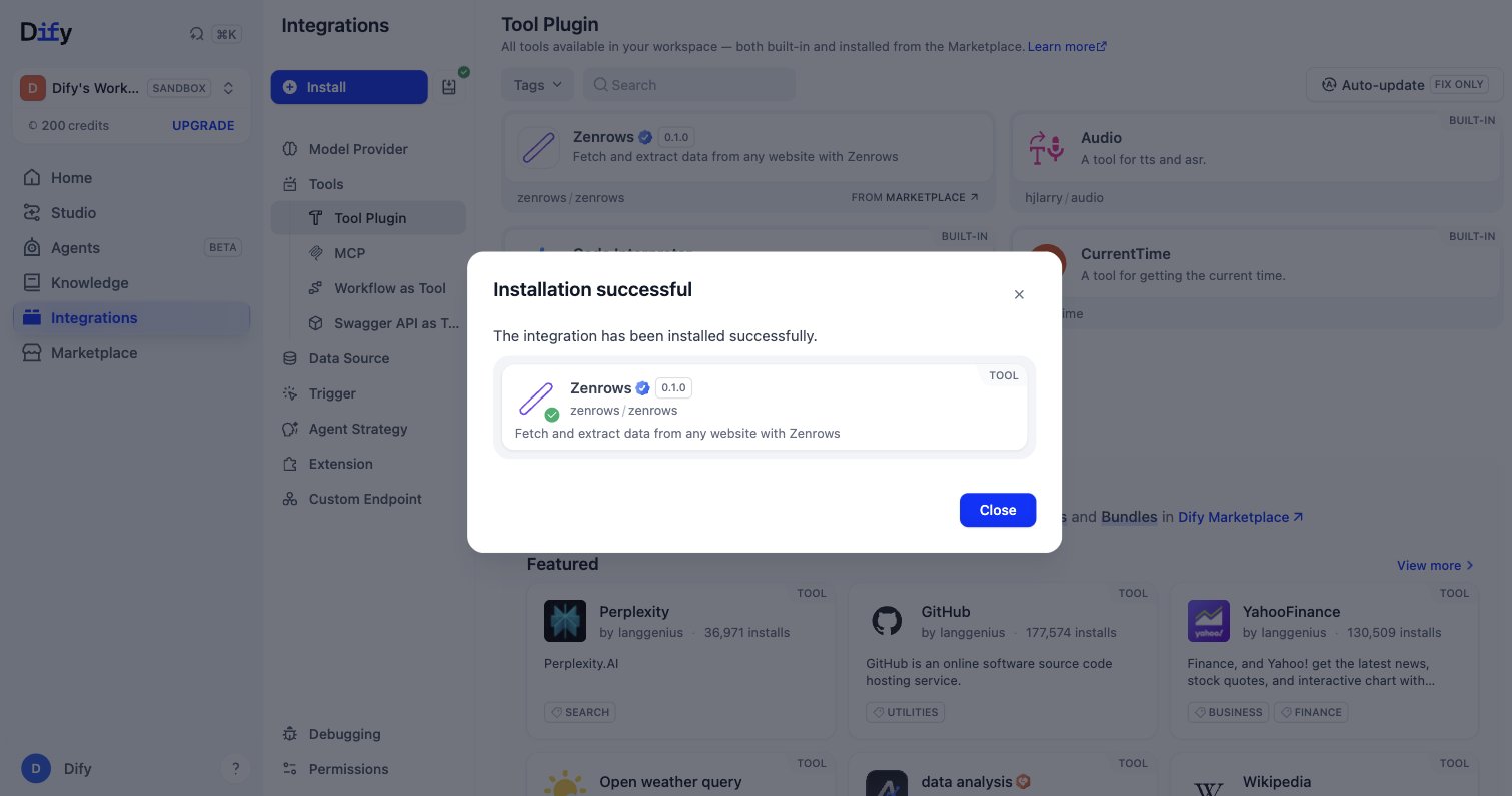 Dify's Installation successful dialog for the Zenrows plugin, version 0.1.0