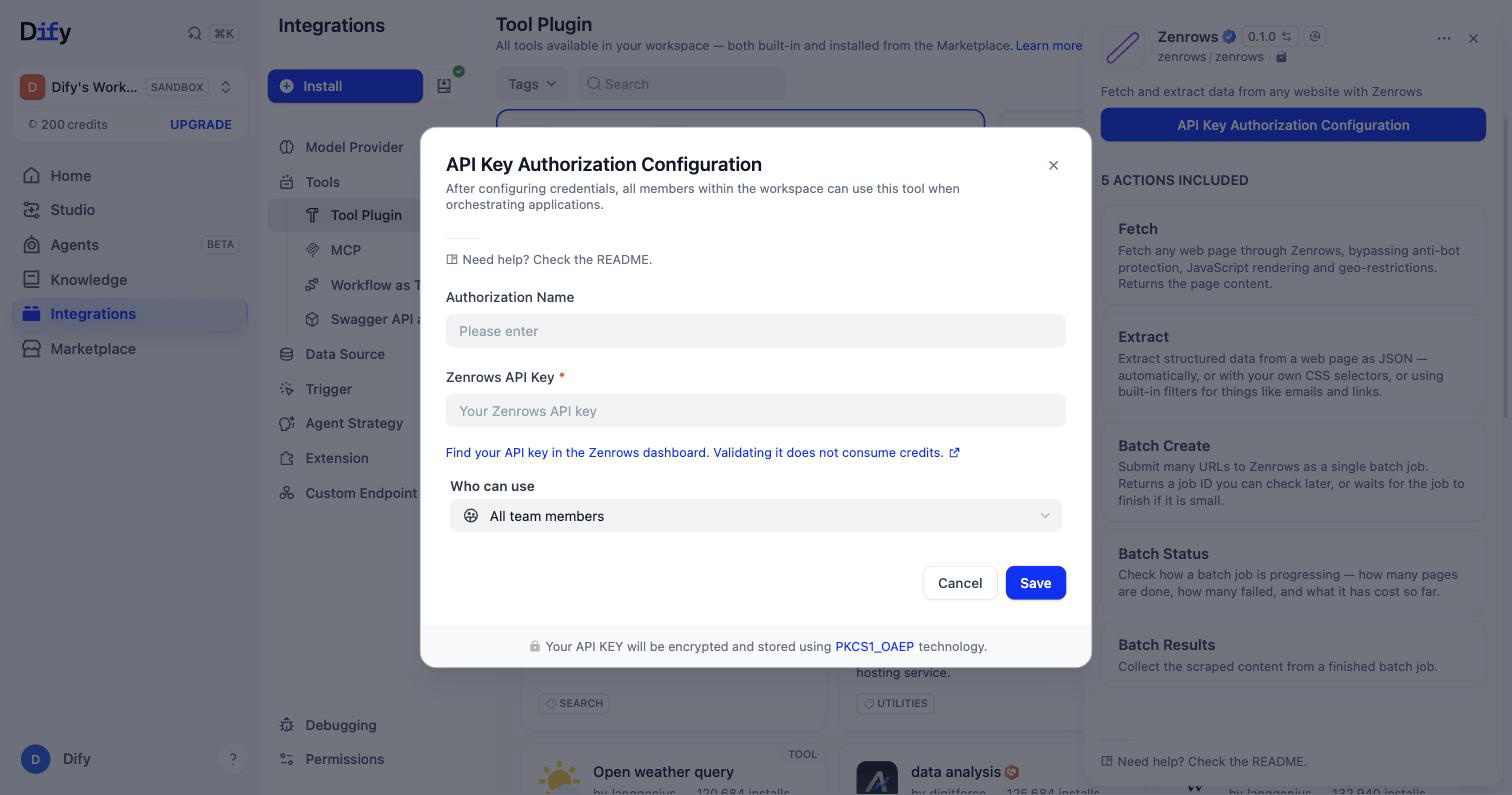 The API Key Authorization Configuration dialog with Authorization Name, Zenrows API Key, and Who can use fields