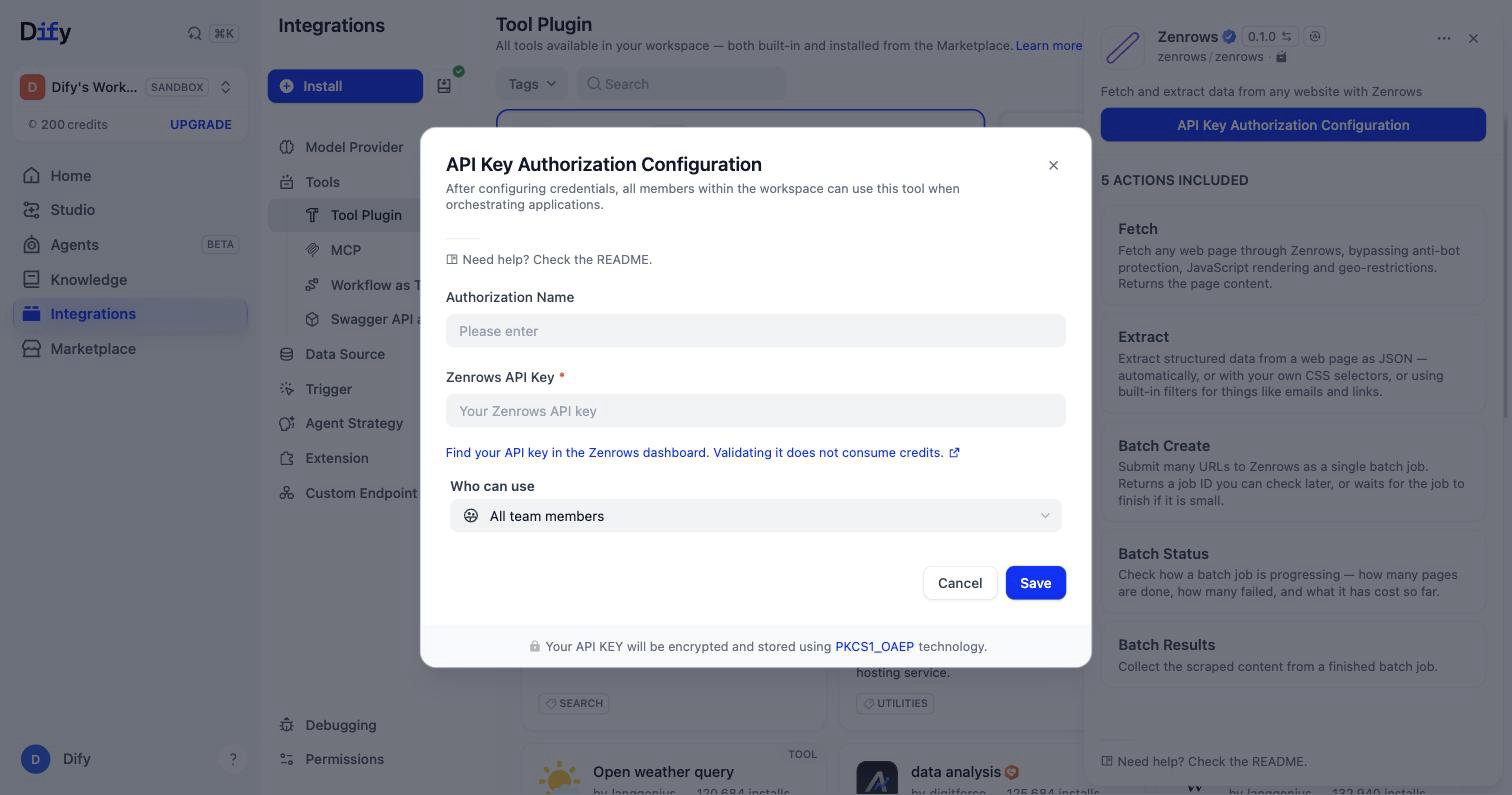 The API Key Authorization Configuration dialog with Authorization Name, Zenrows API Key, and Who can use fields