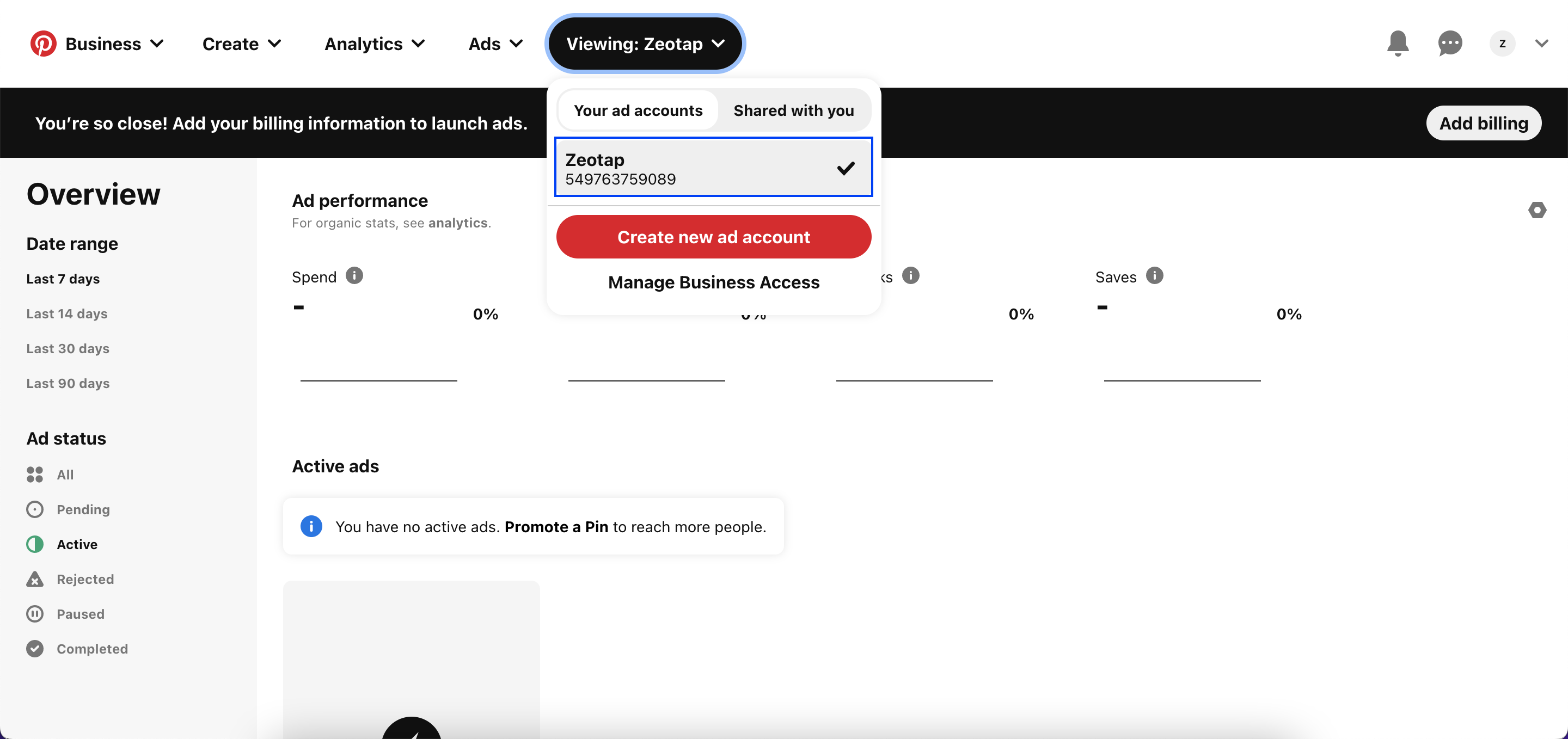Advertiser ID location in the Pinterest Business Manager account