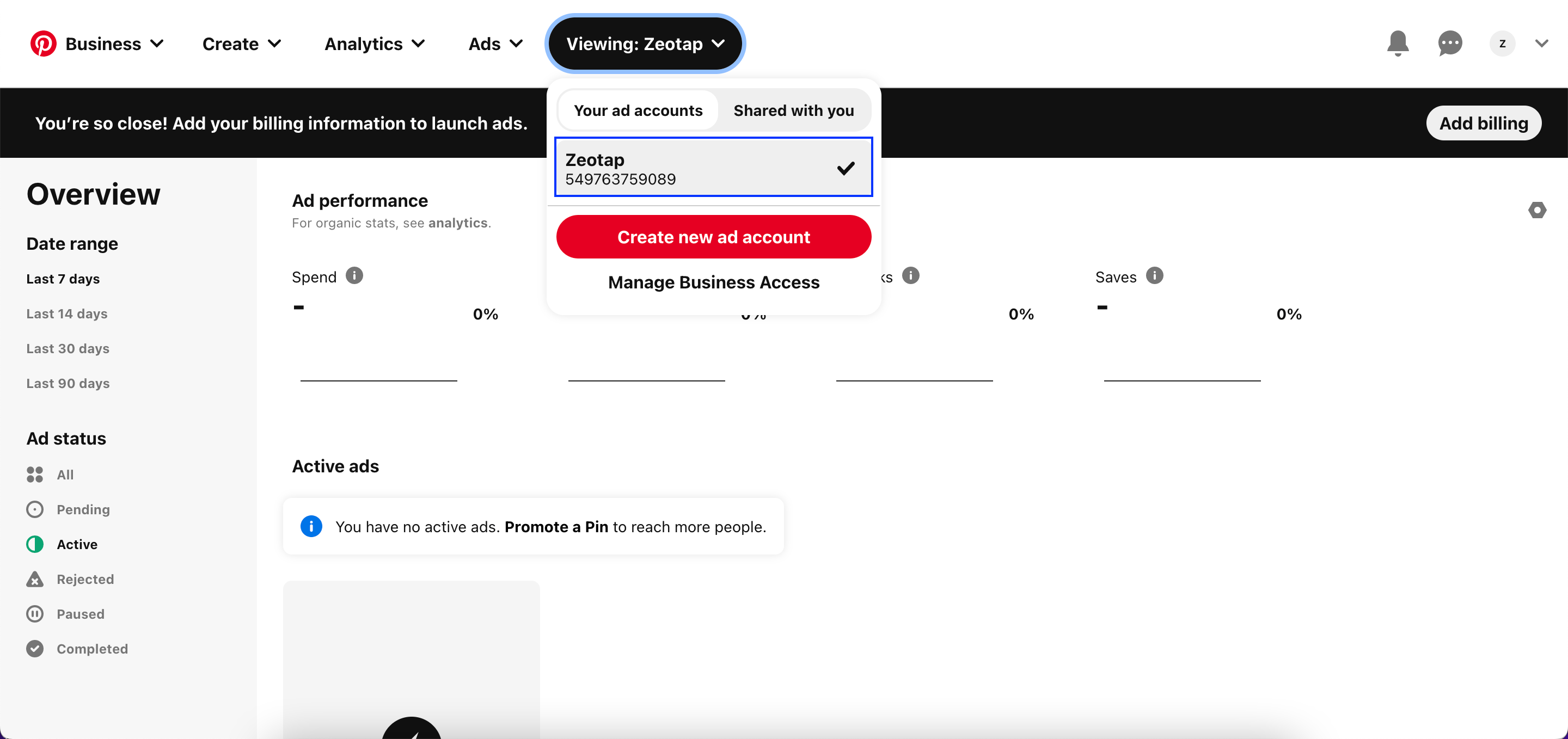 Advertiser ID location in the Pinterest Business Manager account