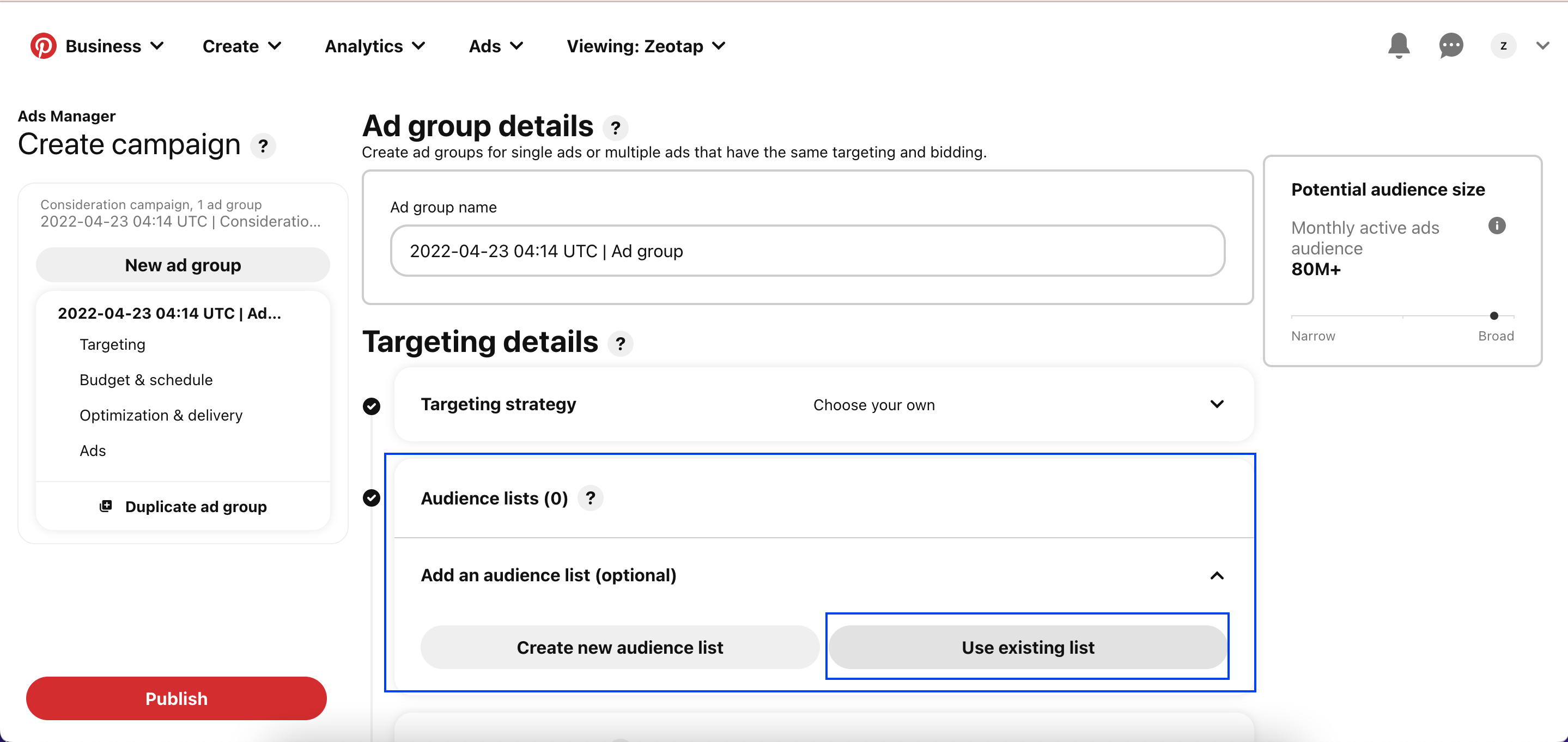 Use existing list option in the Audience lists section