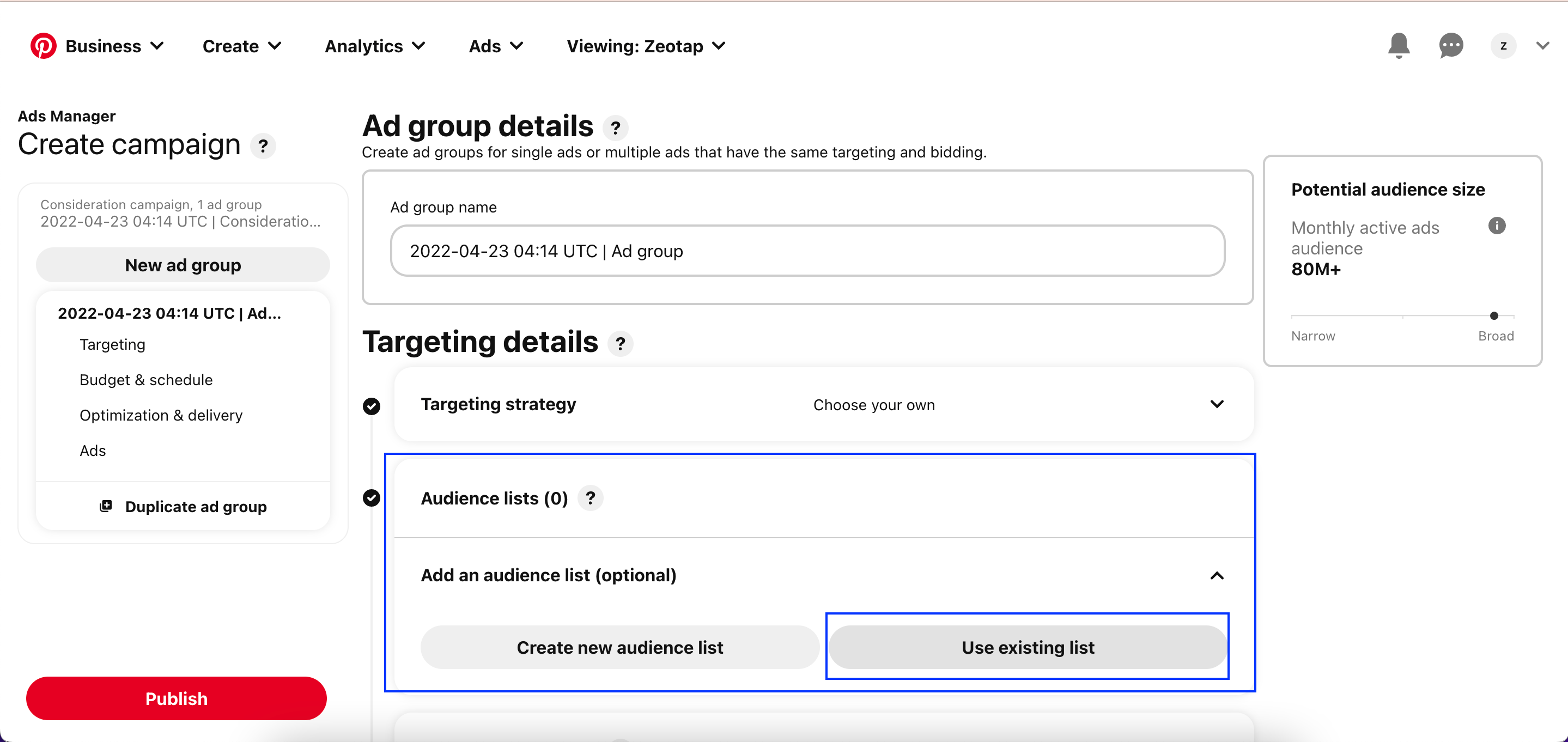 Use existing list option in the Audience lists section