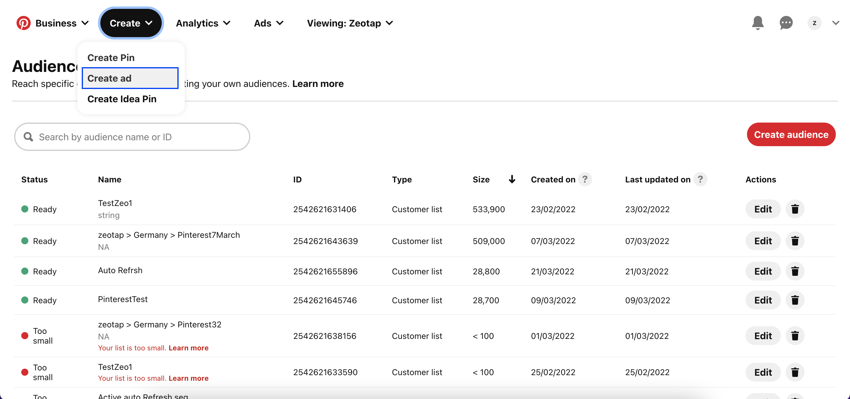 Create ad option in Pinterest Ads Manager