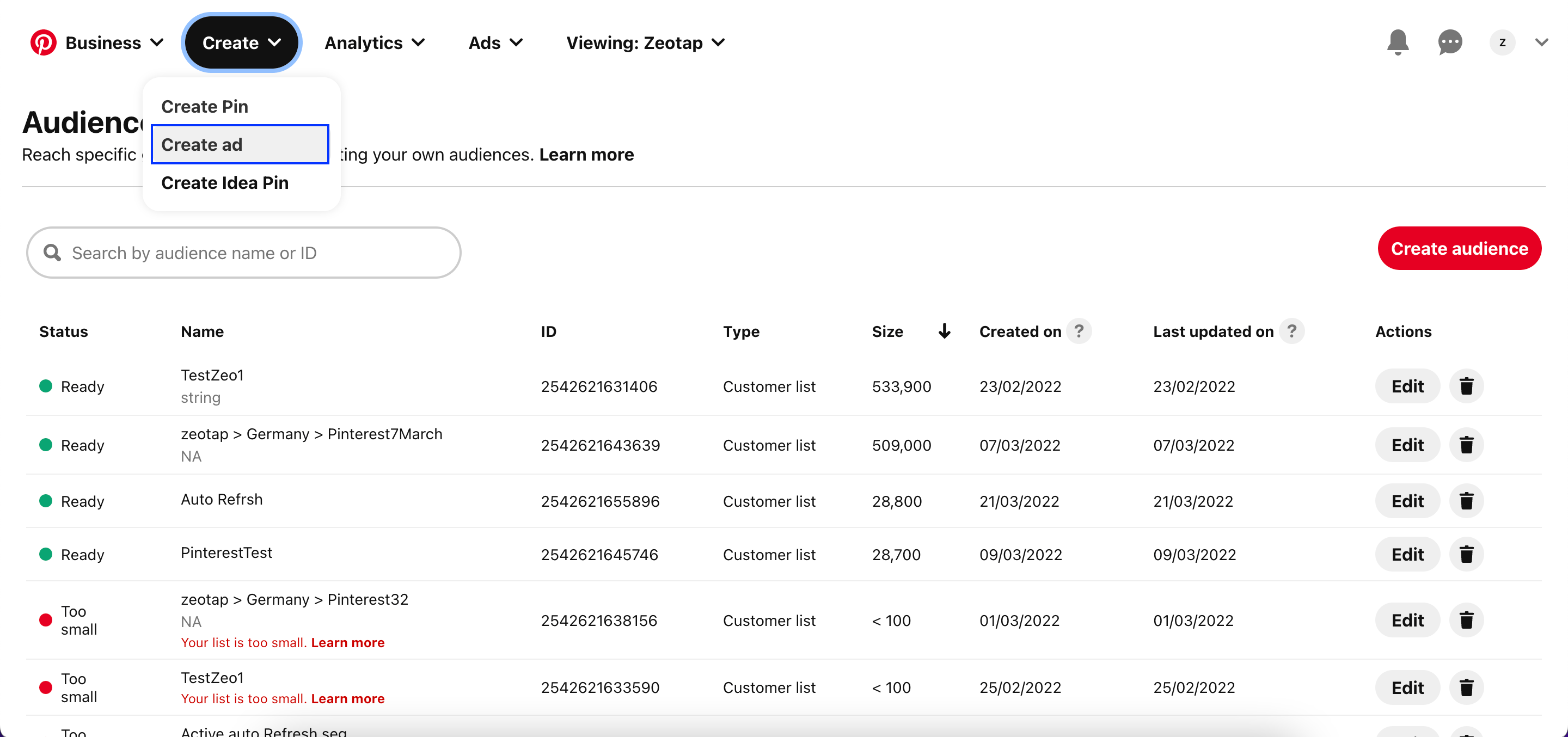 Create ad option in Pinterest Ads Manager
