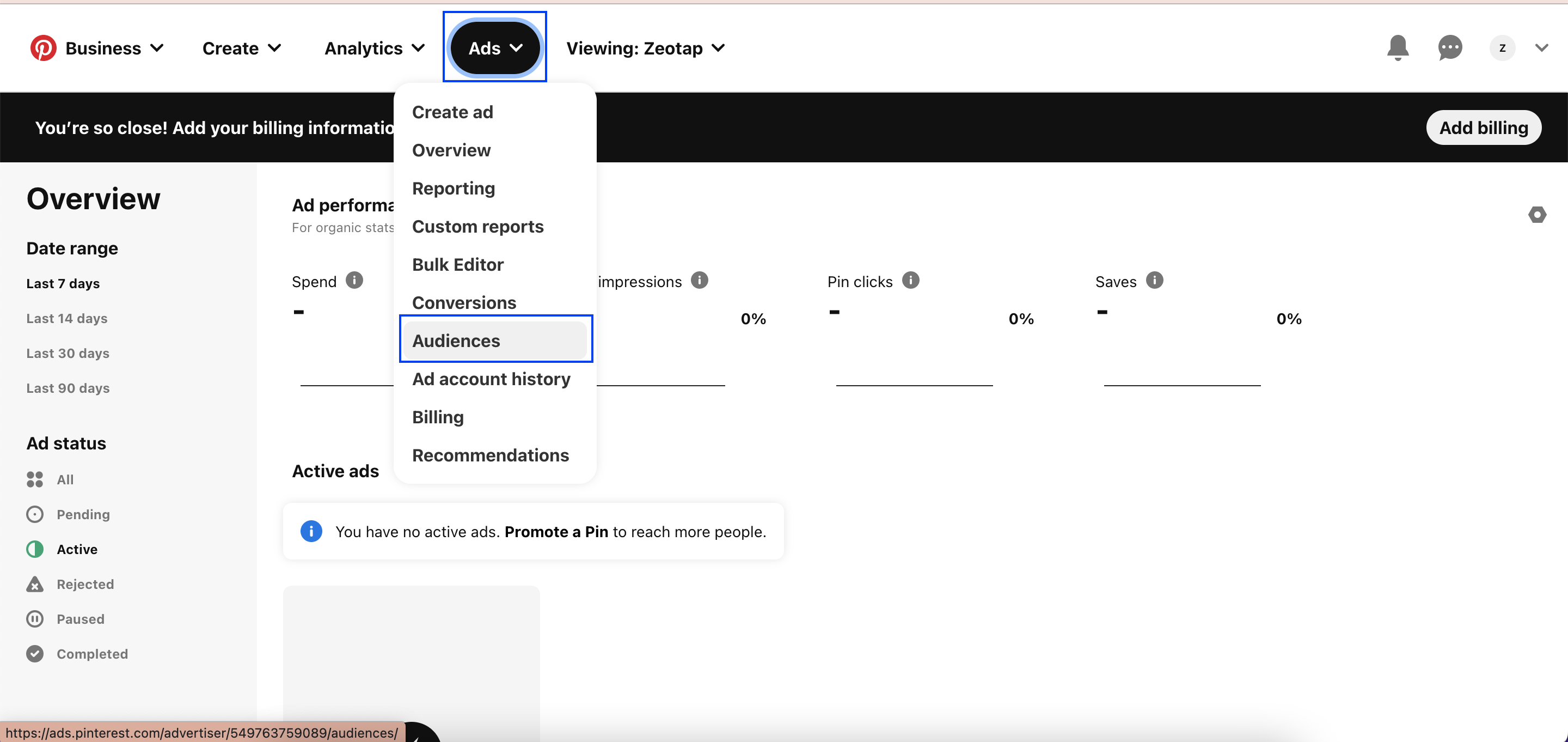 Customer Lists shown under Ads and Audiences in the Pinterest console