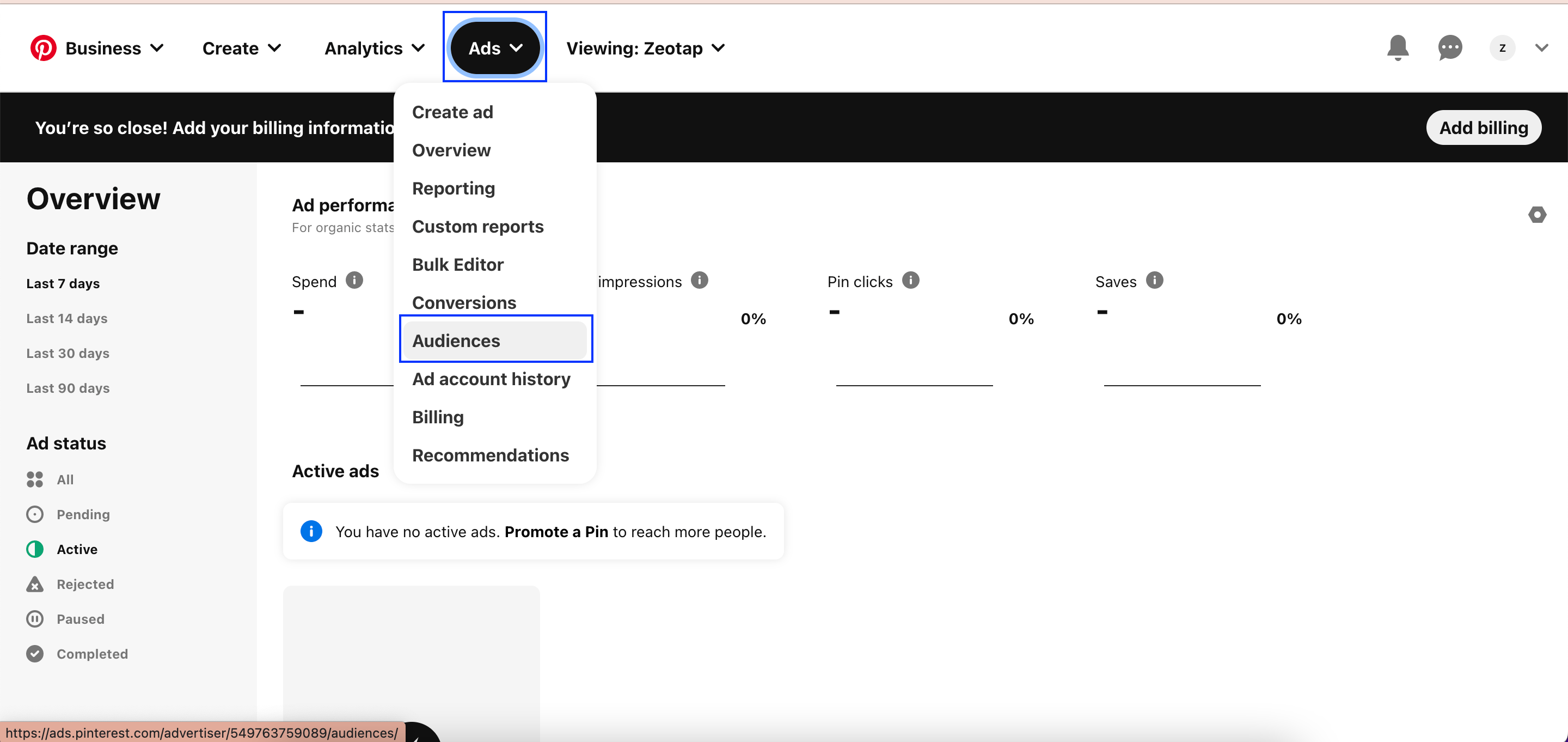 Customer Lists shown under Ads and Audiences in the Pinterest console