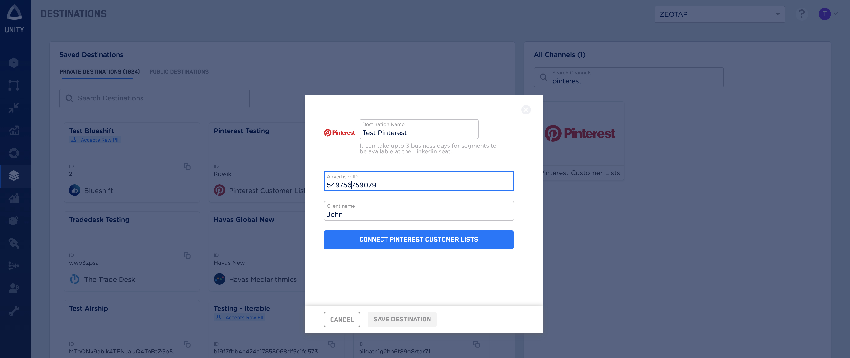 Pinterest Customer Lists destination configuration screen