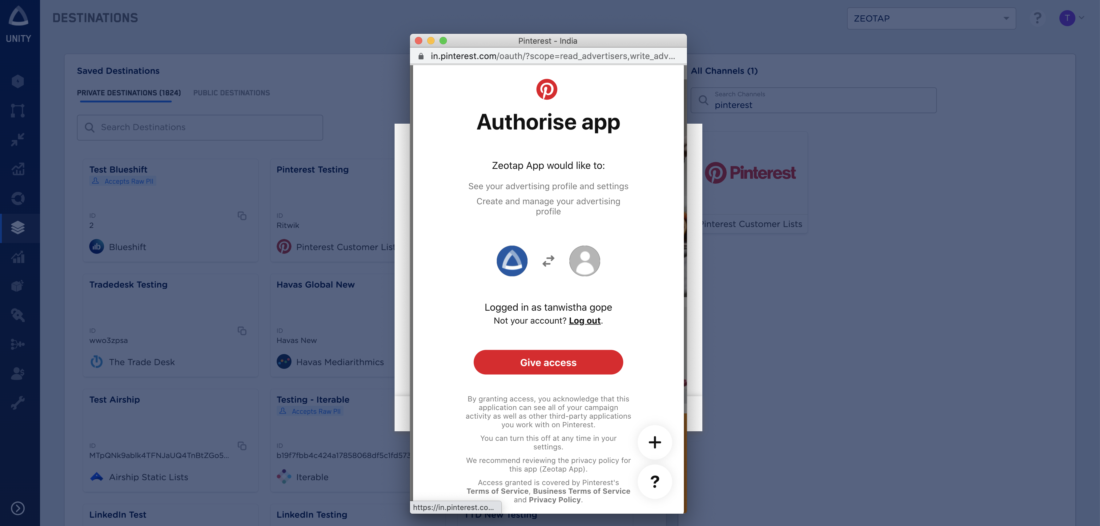Pinterest OAuth screen with the Give access button