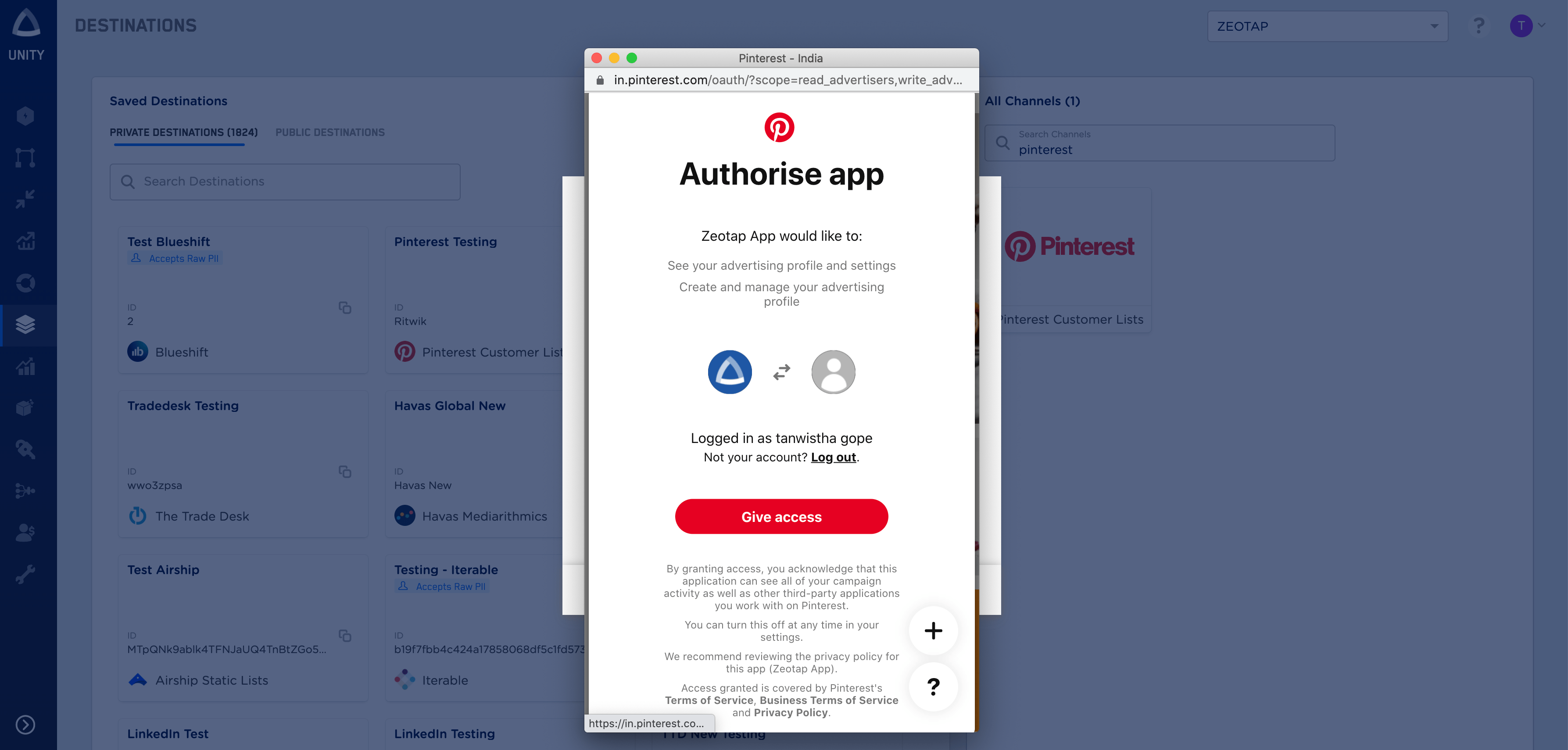 Pinterest OAuth screen with the Give access button