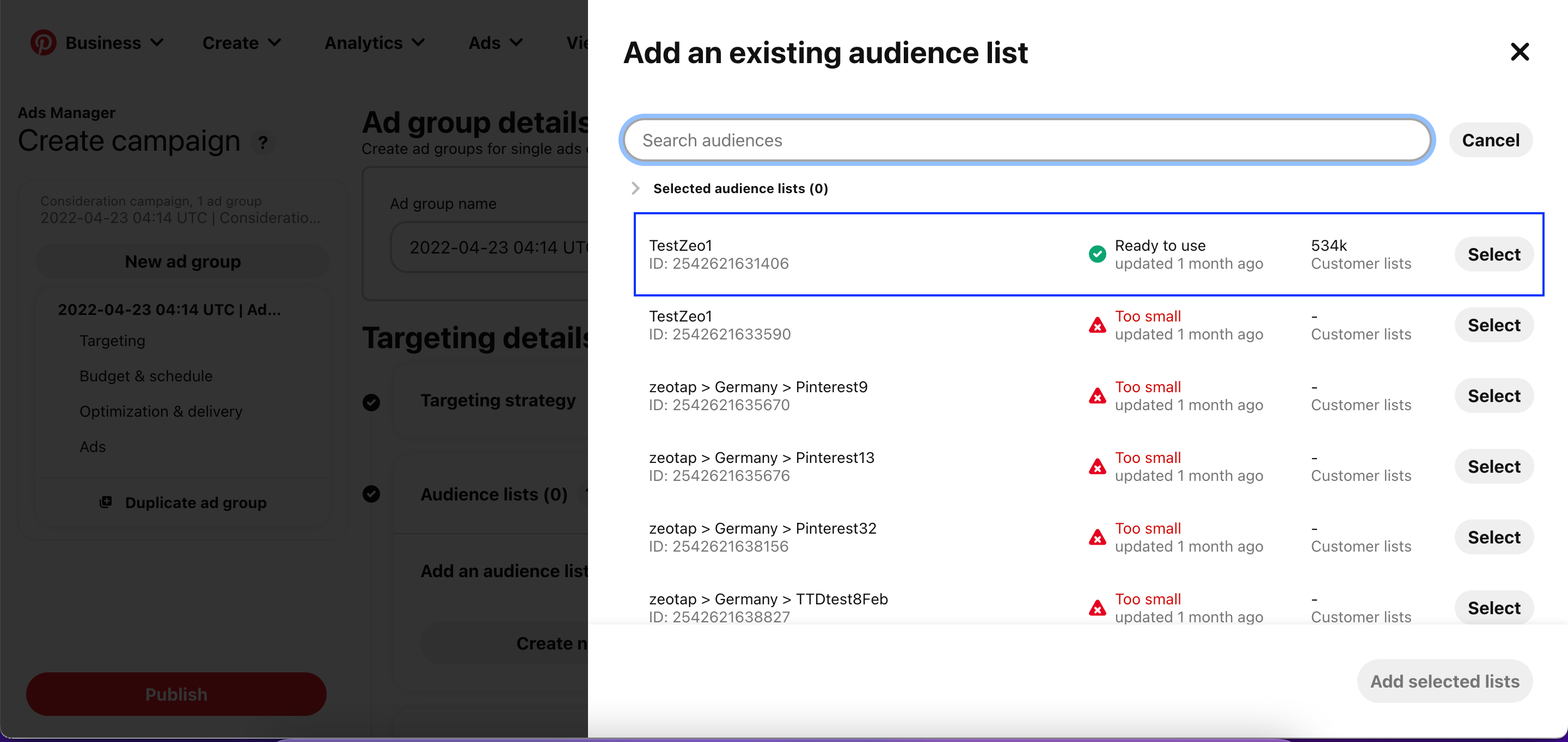 Selecting a ready Customer List